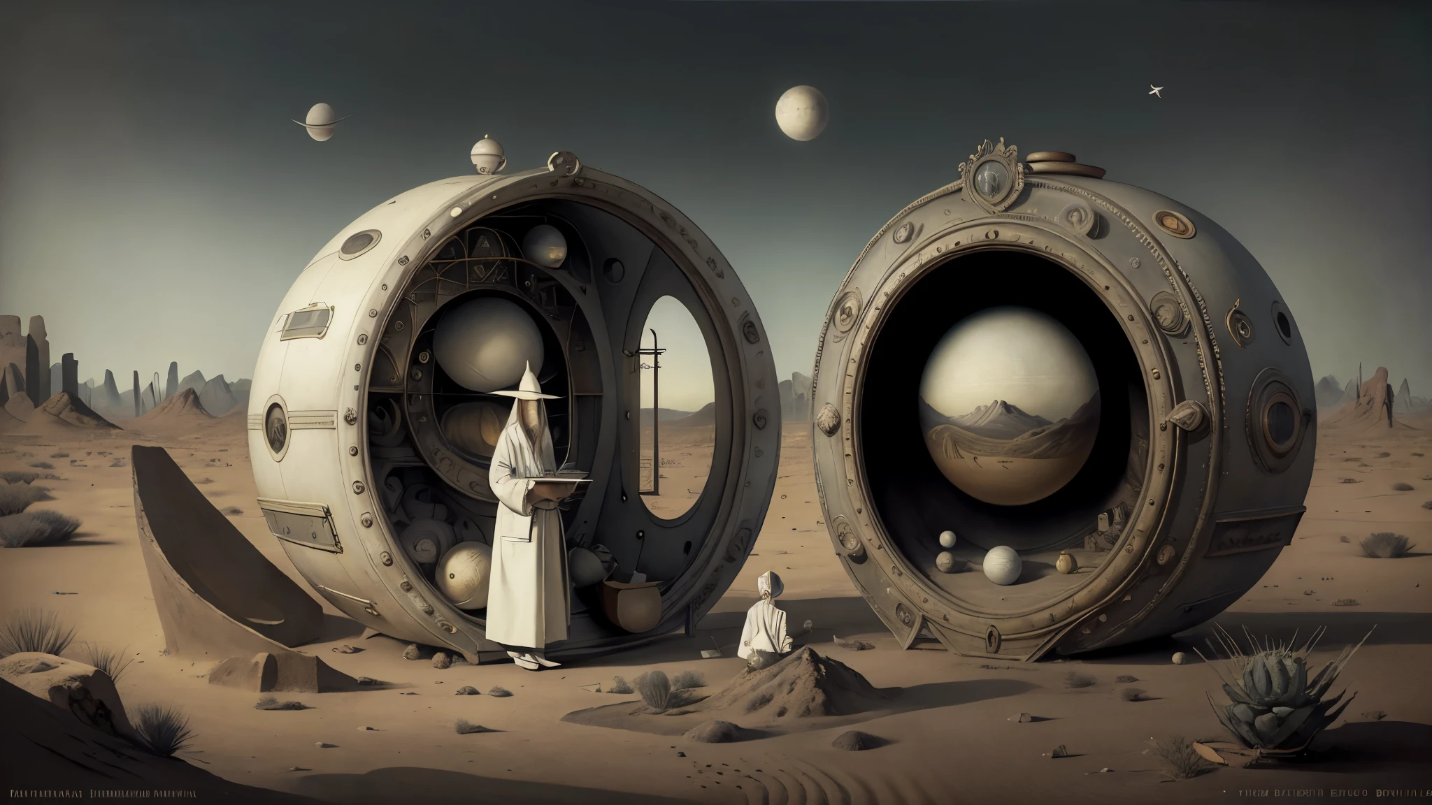 Surrealism, masterpiece, (ultra detailed) Absolutely flat huge space to the horizon. Portrait of Surreal (incredible doctor) in white medical coat and gray pants, grim, has a complex detailed high-tech device (greebles,ight bulbs) glowing. A lot of small details. In the background a huge ball rolled in the desert twisted from (dirty laundry.)..A dim evening diffused light. Impressions of paintings by Pieter Bruegel Salvador Dali. rutkowski