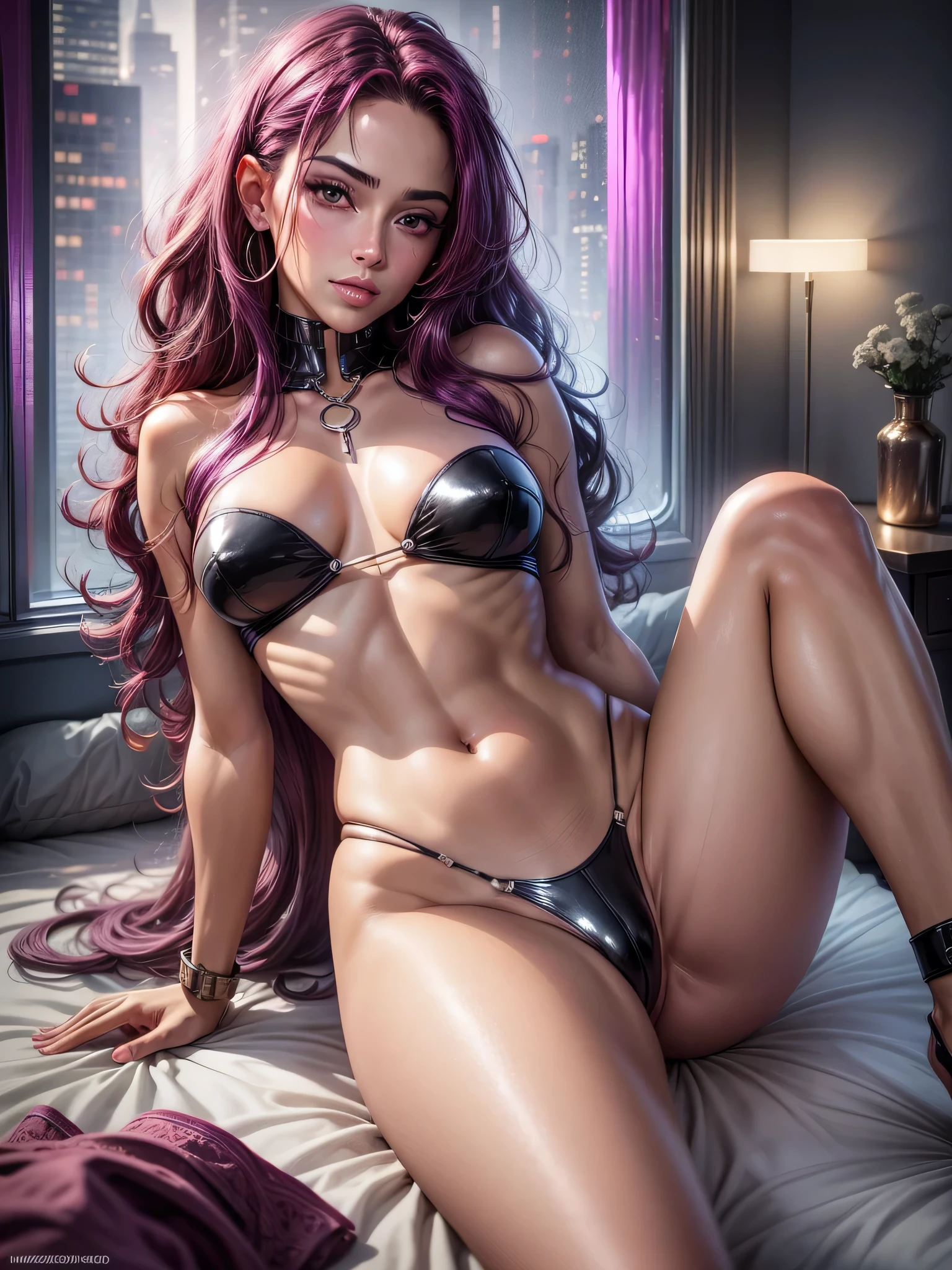 31 years old, Latina, Latina Woman, mature face, perfect and well designed glowing magenta shiny eyes, (beautiful detailed eyes:1.05), (small breats:1.45), curvy body, beautiful and delicate mature face, (face detail), ((realistic face)), pores, ((tanned skin)), detailed skin, realistic skin, ((shiny skin)), long hair, ((((magenta hair))))), wavy hair, (((naked))), (tanned Skin:1.4), ultra detailed, photorealistic, ((Real image)), (best quality:1.4), super high resolution, (Realistic 2.0), More details, (laying on bed:1.25), (spacious bedroom:1.5), ((night time)), (candle lighting), night city, night light, city and buildings behind a window, futuristic, cyberpunk, (seductive pose:1.6), (spread legs:1.35)