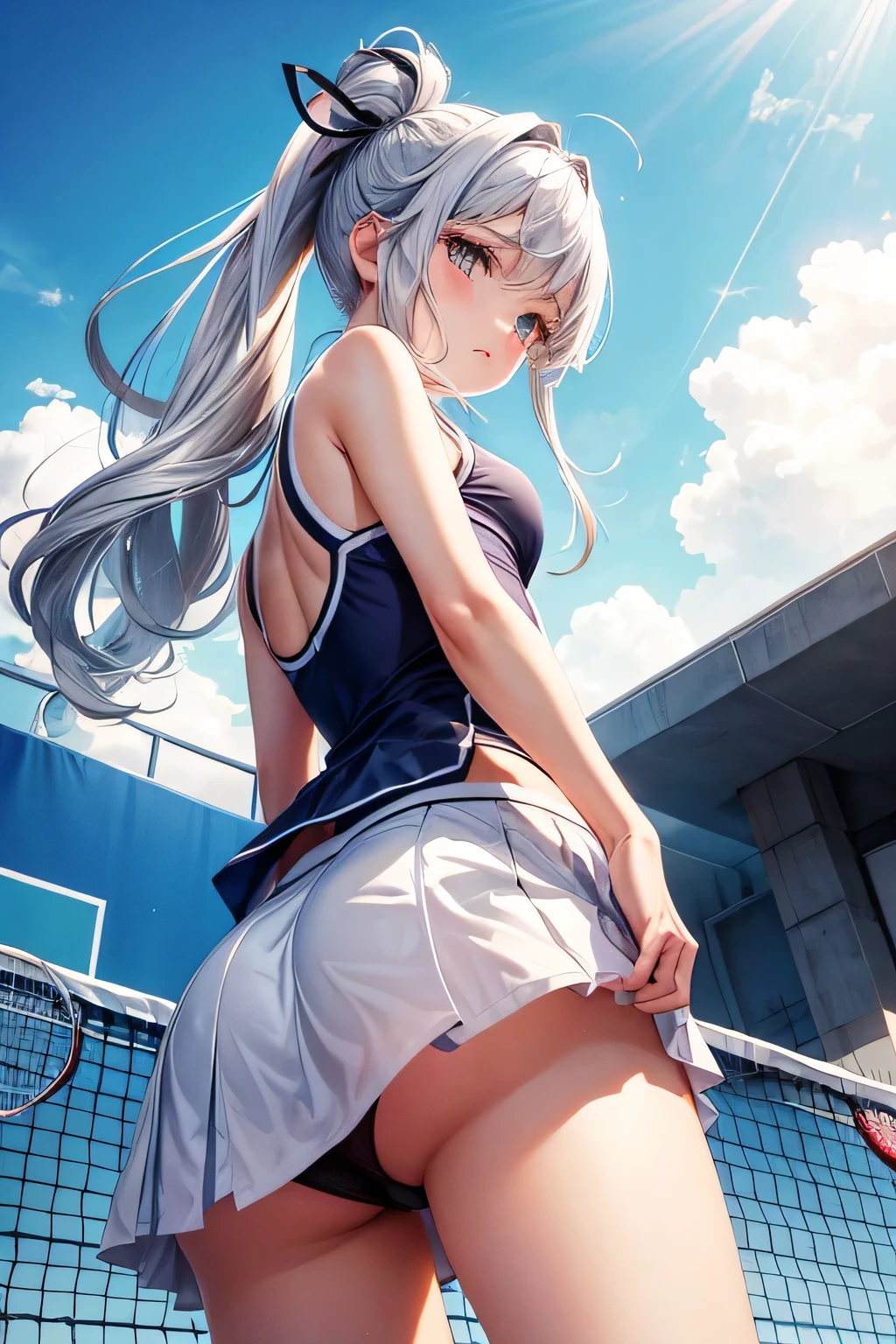 panty shot、tennis wear、Beautiful Girl Magician、silver hair upstyle、((whole body))、(((photo taken from below)))、Tennis court