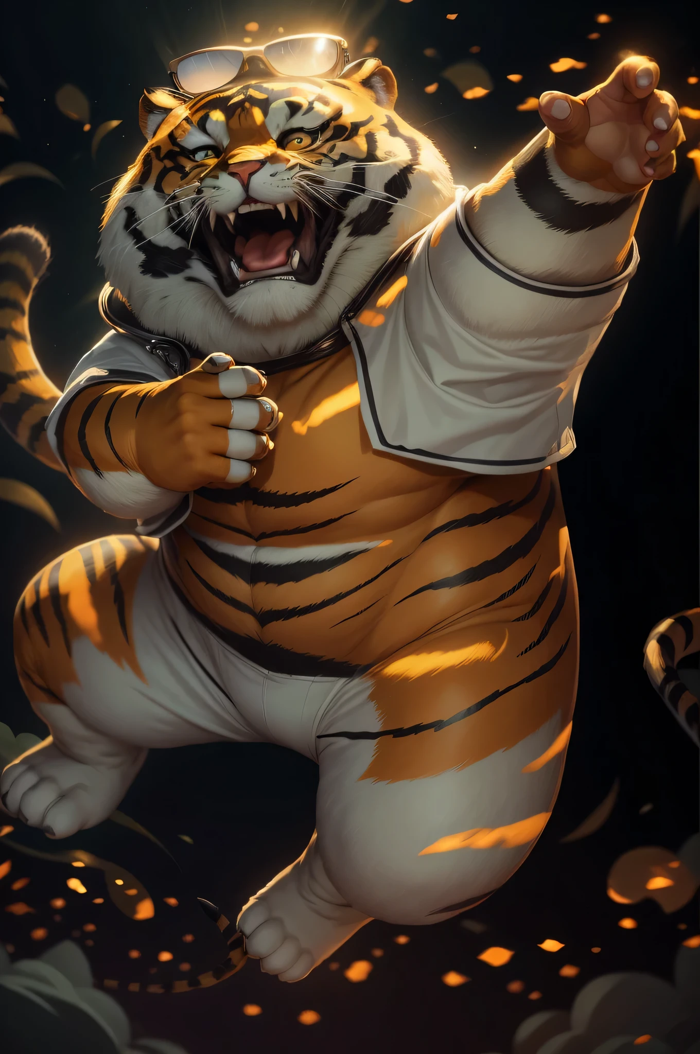 (a boy with loose hair and piercing orange eyes),(a fierce mutant tiger),(a dynamic and charismatic vtuber),(3D rendering and digital art medium),(vibrant colors and a surreal atmosphere),(best qualityer, high resolution, detailded),(anime styling),(bright and energetic lighting)