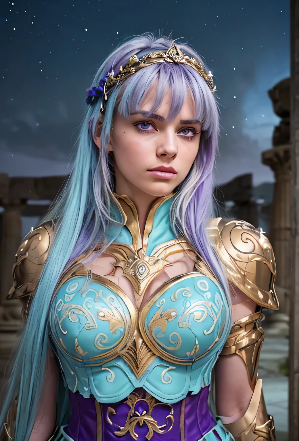 Masterpiece. Half-body portrait. She is the Taurus Knights of Zodiac warrior. A beautiful young woman (1 girl) about 20 years old. powerful look. Imposing appearance. Long light blue hair, straight hair, ((messy)) hair, ((hair bangs)). (Bangs). hair blowing in the air. Ice Cristals light emerging for her right hand. ((big purple eyes)). Delicate lips, delicate nose. Delicate face. warrior clothes. Golden full medieval armor. Turquoise corselet and purple tide pants. Leather boots. Greek temples ruins background at night, with a starry sky. Multicolor aura around her.