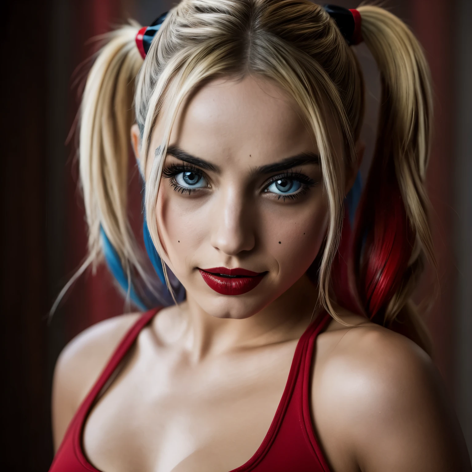 A portrait photo of Ana de armas actress dressed as Harley Quinn, f /2.8, Canon, 85mm,cinematic, high quality, skin texture, looking at the camera