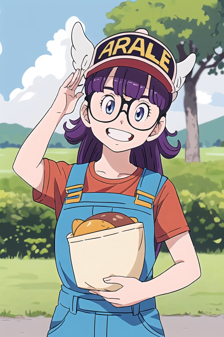 (mHigh-quality (8K) anime-style image of a girl with glasses, blue eyes, long purple hair, smiling, short sleeves, wing hat, red shirt, and blue overalls. The girl is in an outdoor rural setting, looking directly at the viewer with a solo focus on her. Her skin tone should be shiny and highlighted. The image details should be enhanced, and the quality should be the best possible, with a special focus on the character Arale (quality rate 1.4).