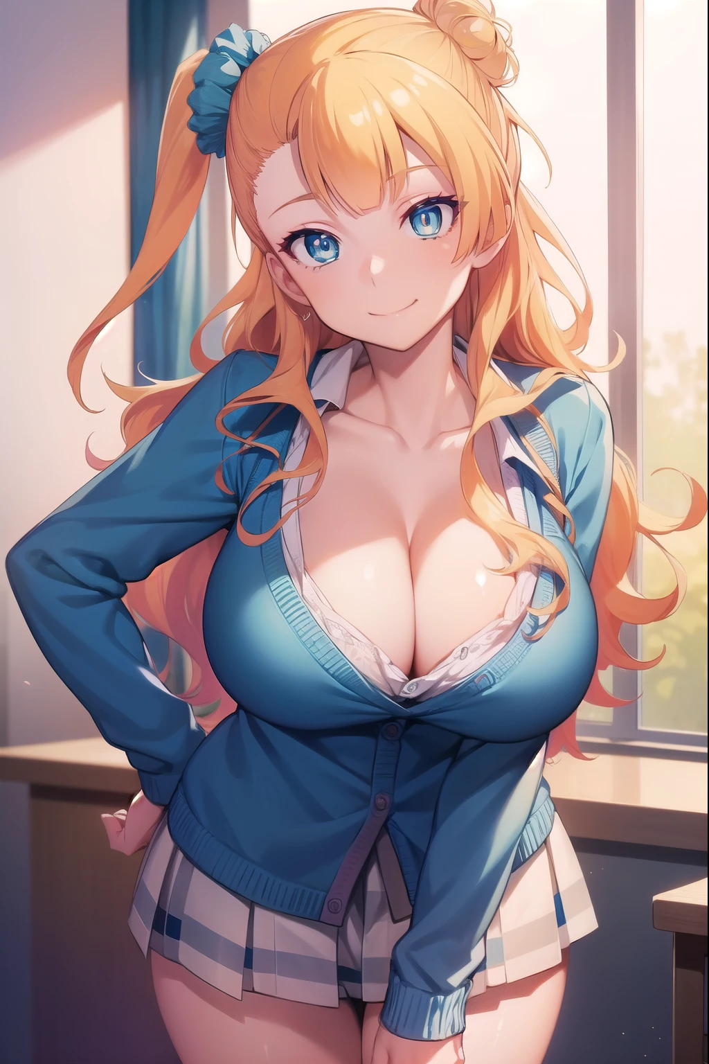 galko,, long hair, bangs, blonde hair,big breasts,lure、Excited smile, hair between the eyes, (blue eyes:1.5), long hair, colorful hair,Day, lipstick, Improve, Kogal, compensate,Emphasize cleavage、classroom、Naughty older sister、uniform、
break (masterpiece:1.2), highest quality, High resolution, unity 8k wallpaper, (figure:0.8), (detailed and beautiful eyes:1.6), highly detailed face, perfect lighting, Very detailed CG, (perfect hands, perfect anatomy),