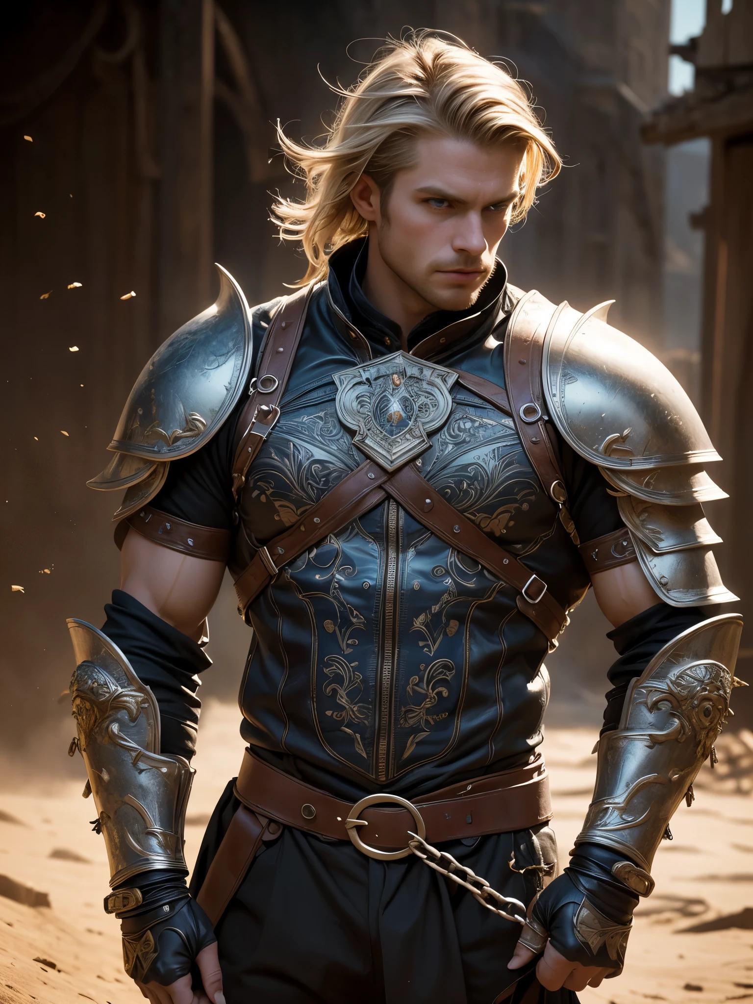 1 muscular male, 30yo, short blonde hair, blue eyes, muscular, bodybuilder, wearing leather armour, metal gauntlets, chains, spikes, holding sword, ultra high resolution, detailed face, desert background, dust, wind, blowing dust, dynamic lighting, lights, volumetric light, realistic, intricate details, everything in razor sharp focus, male focus, solo, Photograph, masterwork, 12K, ultra-defined, intricate details, absurdres, hyper-detailed, dark fantasy 
