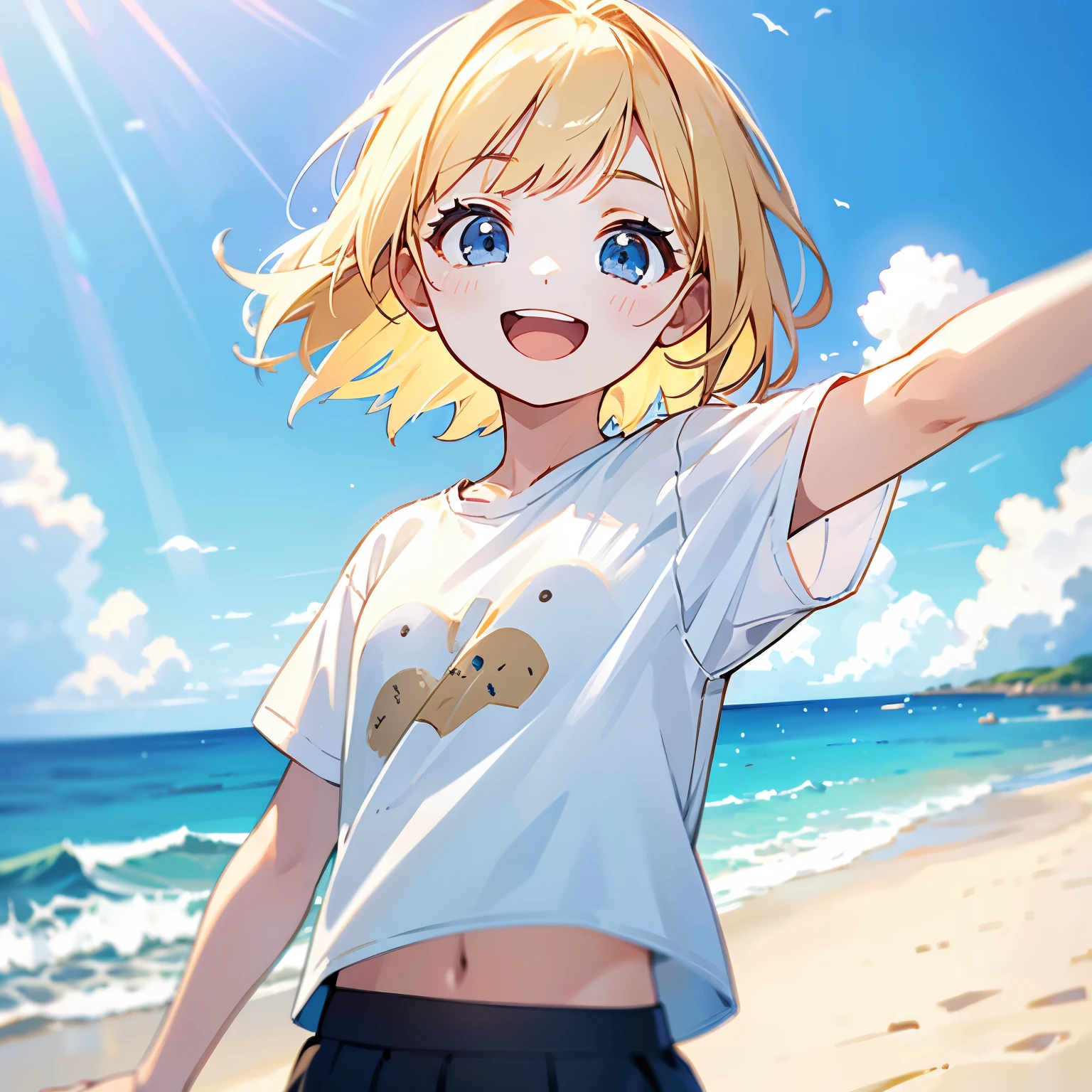cute、1girl,Best Quality,Masterpiece,Blonde,short hair,(white tshirts:1.5),blown black eyes,flat chest,adult,open mouth,smile:1.5,The background is the sea:1.5