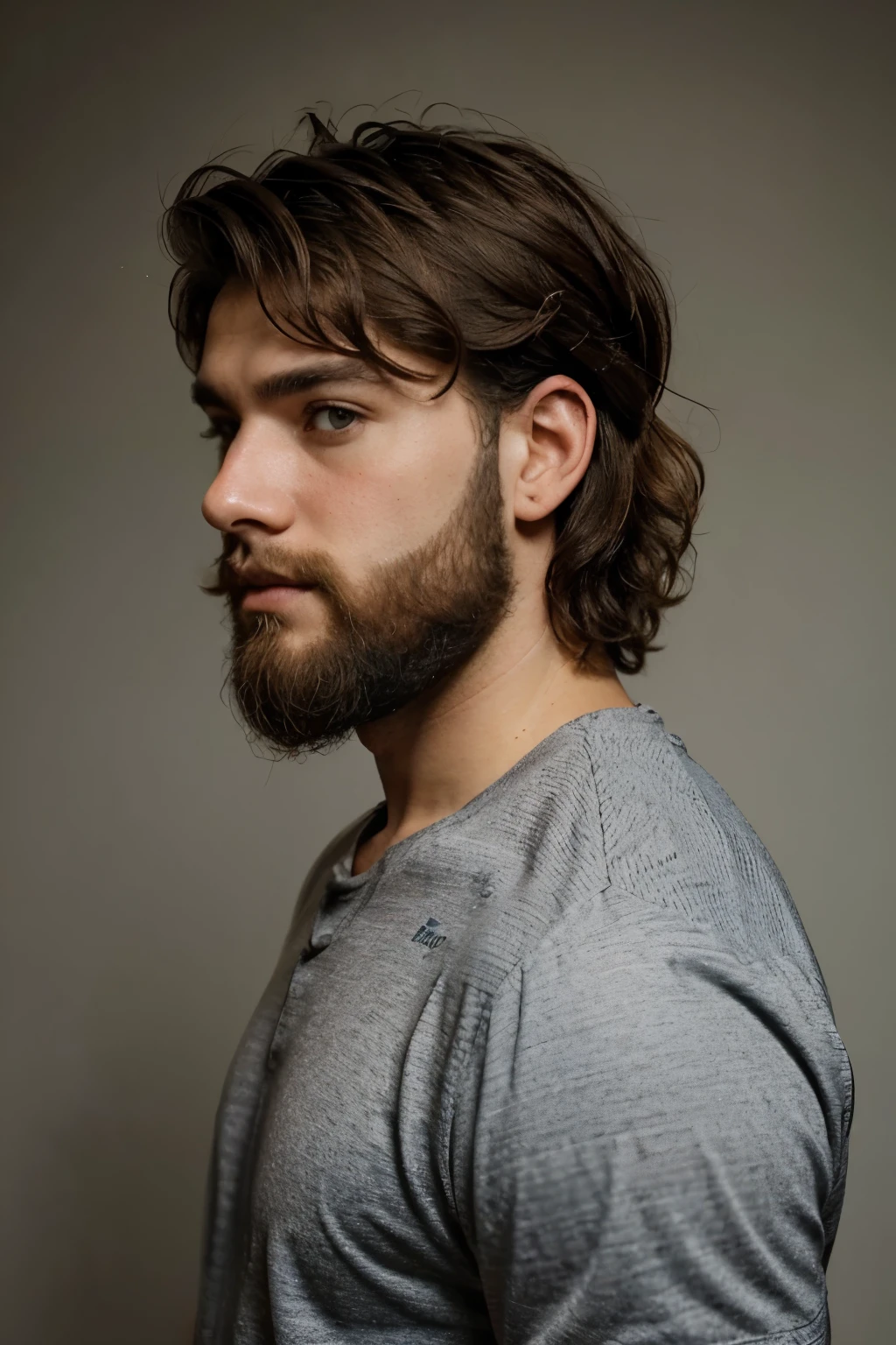 Man, with 2 months beard, short curly mullet haircut, 24 years old
