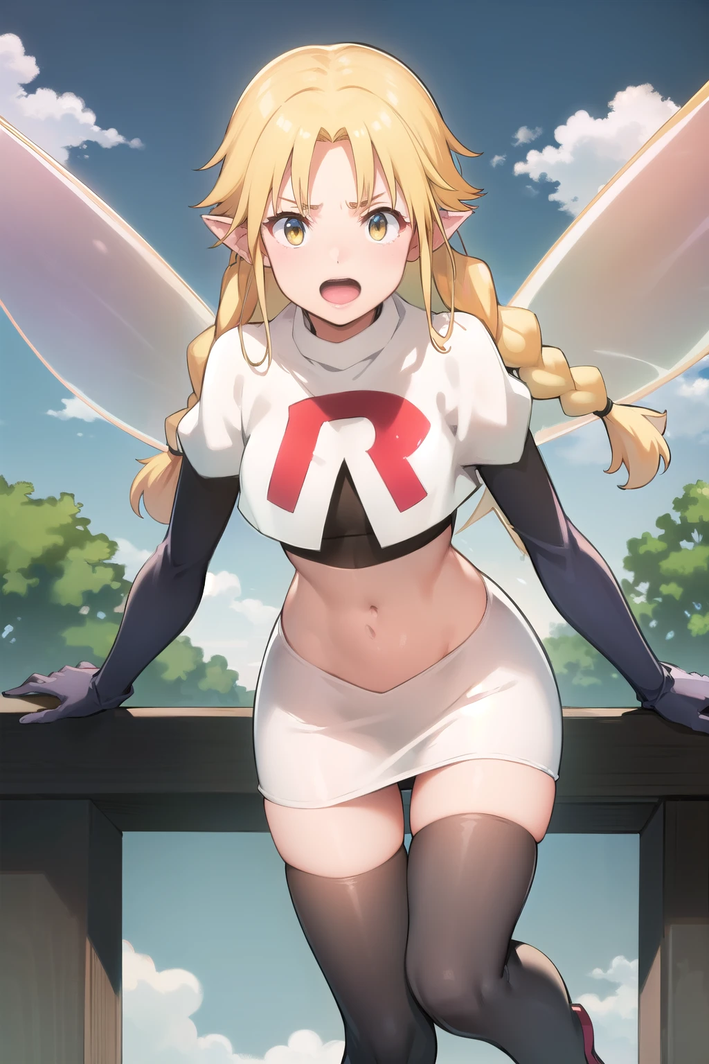 photorealistic, (4k), depth of field, (Masterpiece), (realistic skin texture), extremely detailed, intricate, hyper detailed, professional photography, high resolution, sharp detail, best quality, fairy, (fairy wings:1.2), blonde hair, twin braids, yellow eyes, (flying:1.5), above clouds, in sky, blue sky, (clouds:1.3), between clouds, landscape far away,team rocket,team rocket uniform,white skirt,red letter R,crop top,black thigh-highs,black elbow gloves