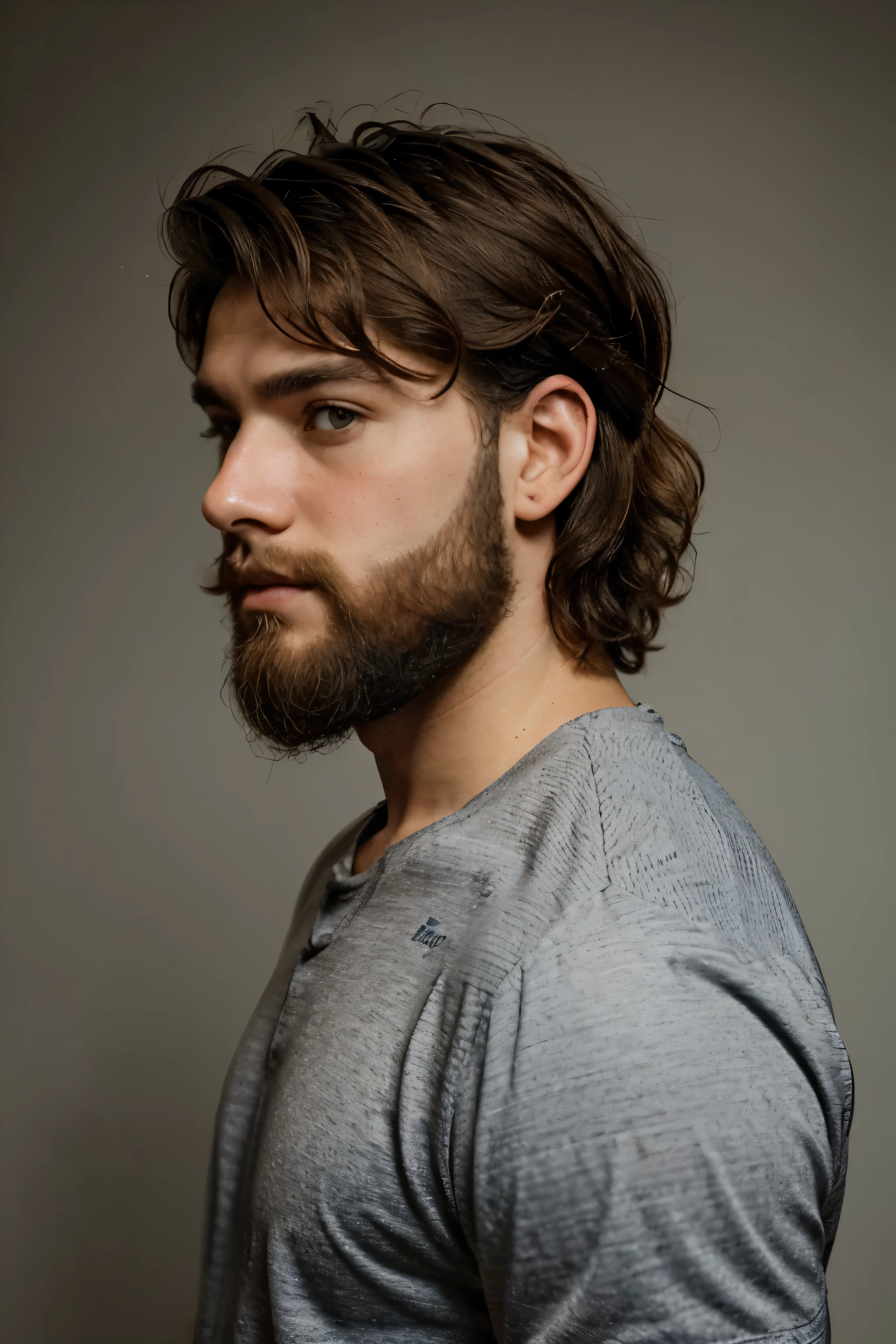 hombre, con barba de 2 meses, corte de pelo corto y rizado, 24 years old