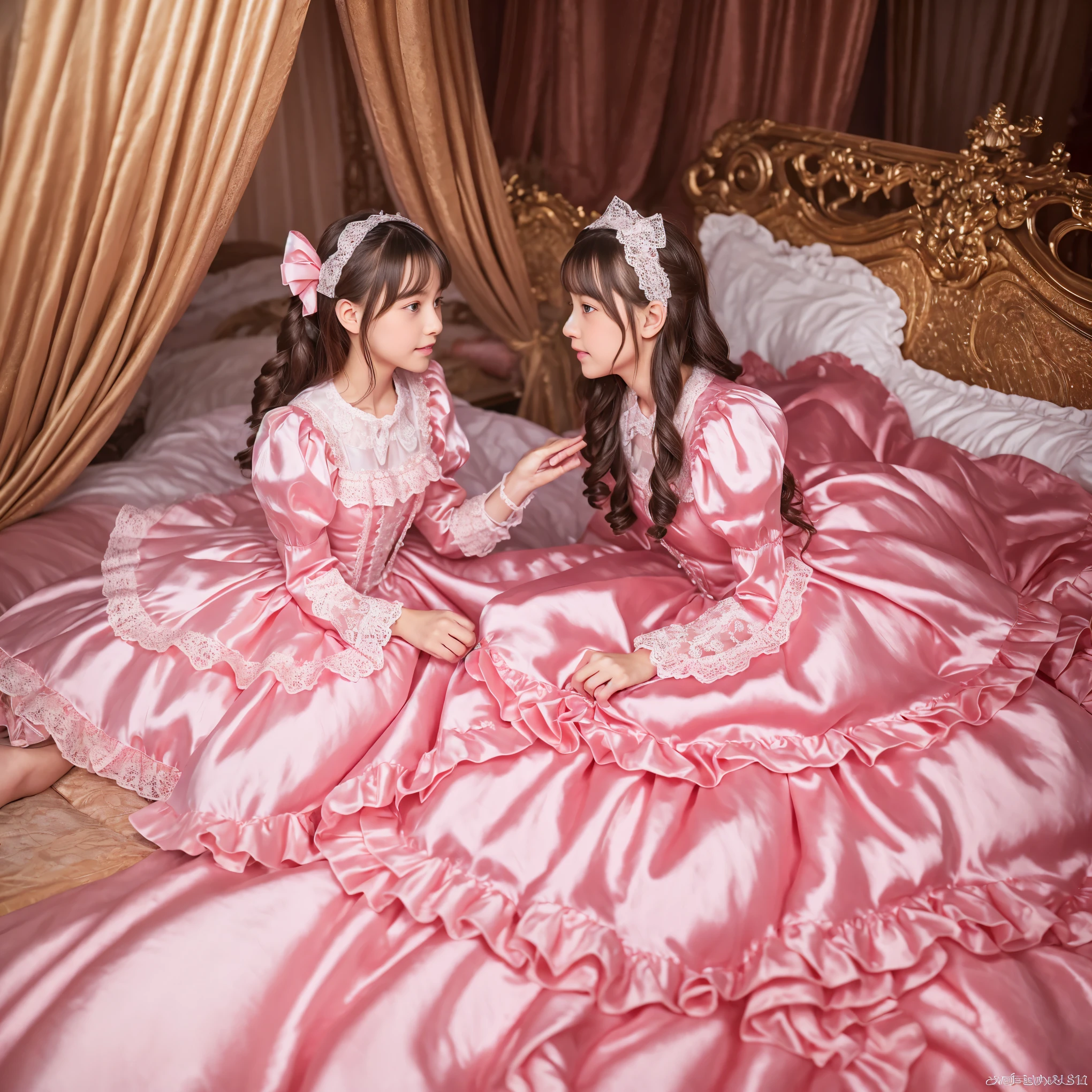 ,highest quality, masterpiece, highest resolution, artwork, super それにget used to it, many get used to it, get used to it, それにget used to it, 3K realistic photos,,((10 year old little girls)),Super detailed baby face,both are princesses,detailed luxury tiara,Full length ball gown dress with hoop skirt,ruffle yoke collar,Detailed braided ribbon at chest,puff sleeves,long sleeve,((lolita style hot pink princess satin dress、Comes with lots of frills and ribbons。)),crazy'colorful fashion,shiny silk satin dress,soft and smooth silk satin fabric,luxury,Very long blonde hair,blue eyes,white skin european,pajamas,((inside the palace)),Princess dancing happily,gorgeous flowing dress,fine white frills and lace,Super long hair that is as tall as your body,white long socks,drawers with lots of frills,castle bedroom at night,Super long flowing hair,on the bed,豪華な天蓋付きon the bed,巨大な広いon the bed,Pink pillow with lots of frills,Silk satin pink curtains with luxurious ruffles and ribbons surround the bed,princess sitting on bed,Pillows piled up behind the princess,A princess leaning on a pile of pillows,Long hair scattered like a fan on the bed,