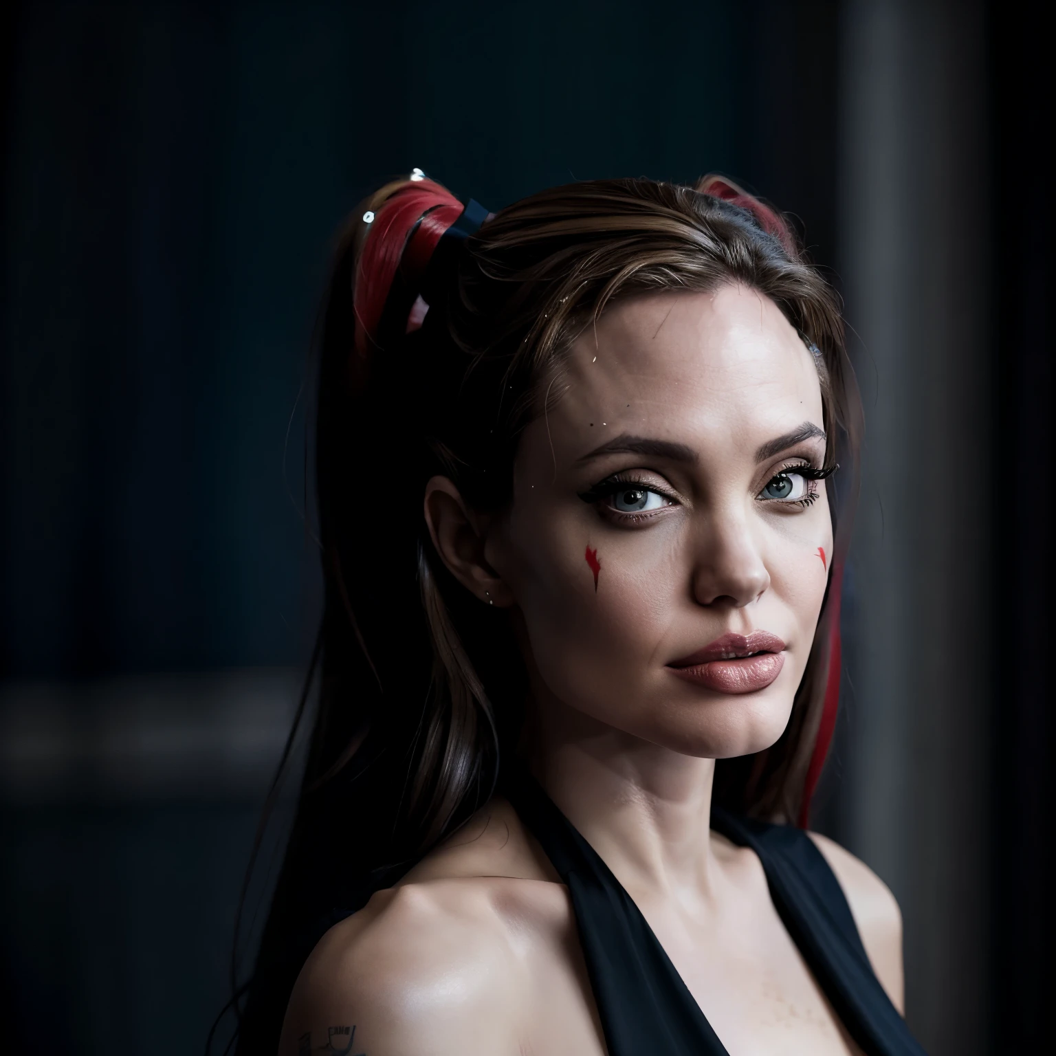 A portrait photo of Angelina jolie actress dressed as Harley Quinn, f /2.8, Canon, 85mm,cinematic, high quality, skin texture, looking at the camera