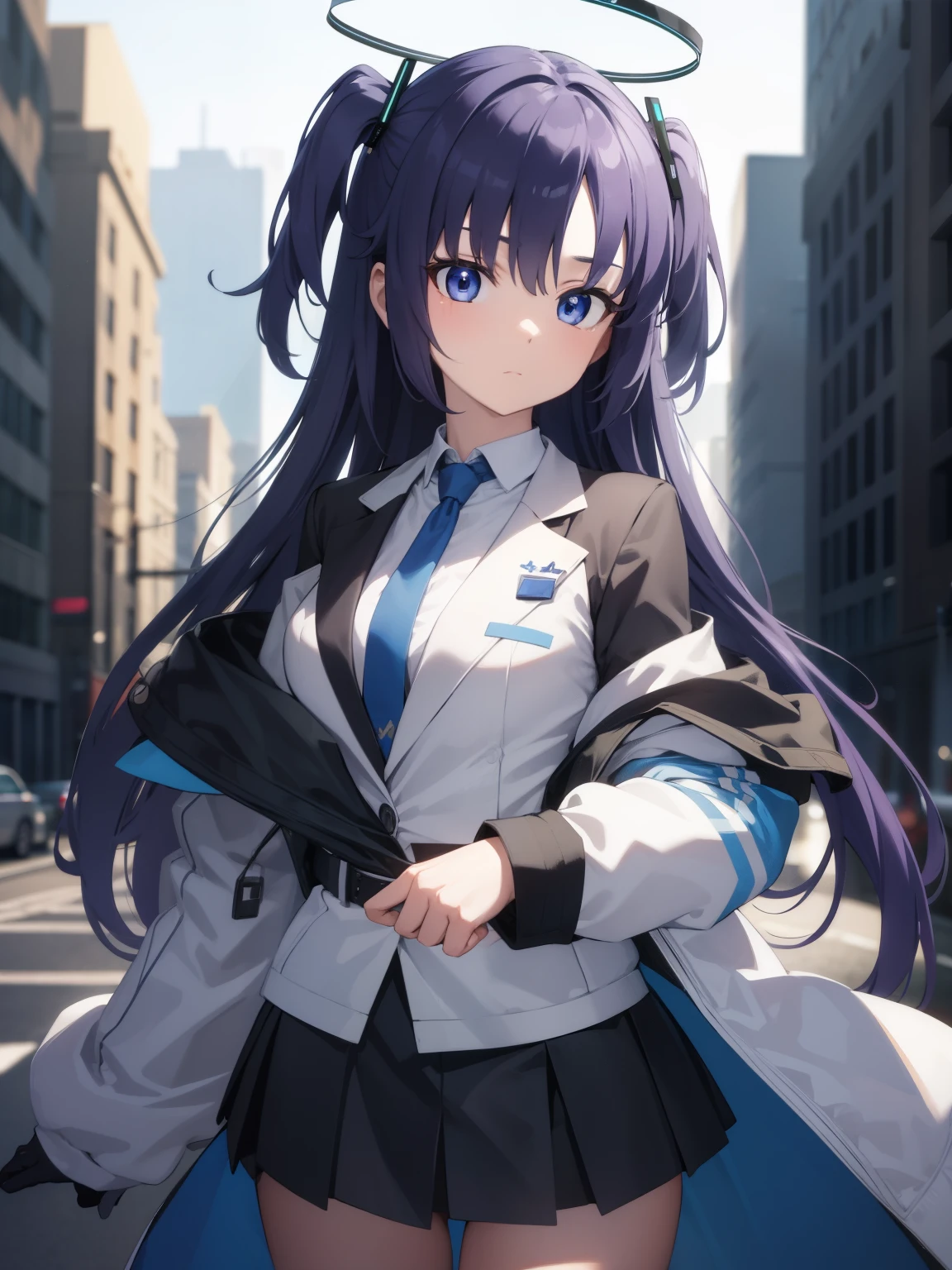 bluearchiveyuuka, yuuka, blue eyes, halo, purple hair, two side up, long hair,
BREAK belt, black gloves, black jacket, black skirt, blue necktie, gloves, halo, jacket, necktie, off shoulder, skirt, two-sided fabric, two-sided jacket, white belt, (white jacket:1.5),
BREAK looking at viewer, 
BREAK outdoors,
BREAK (masterpiece:1.2), best quality, high resolution, unity 8k wallpaper, (illustration:0.8), (beautiful detailed eyes:1.6), extremely detailed face, perfect lighting, extremely detailed CG, (perfect hands, perfect anatomy),