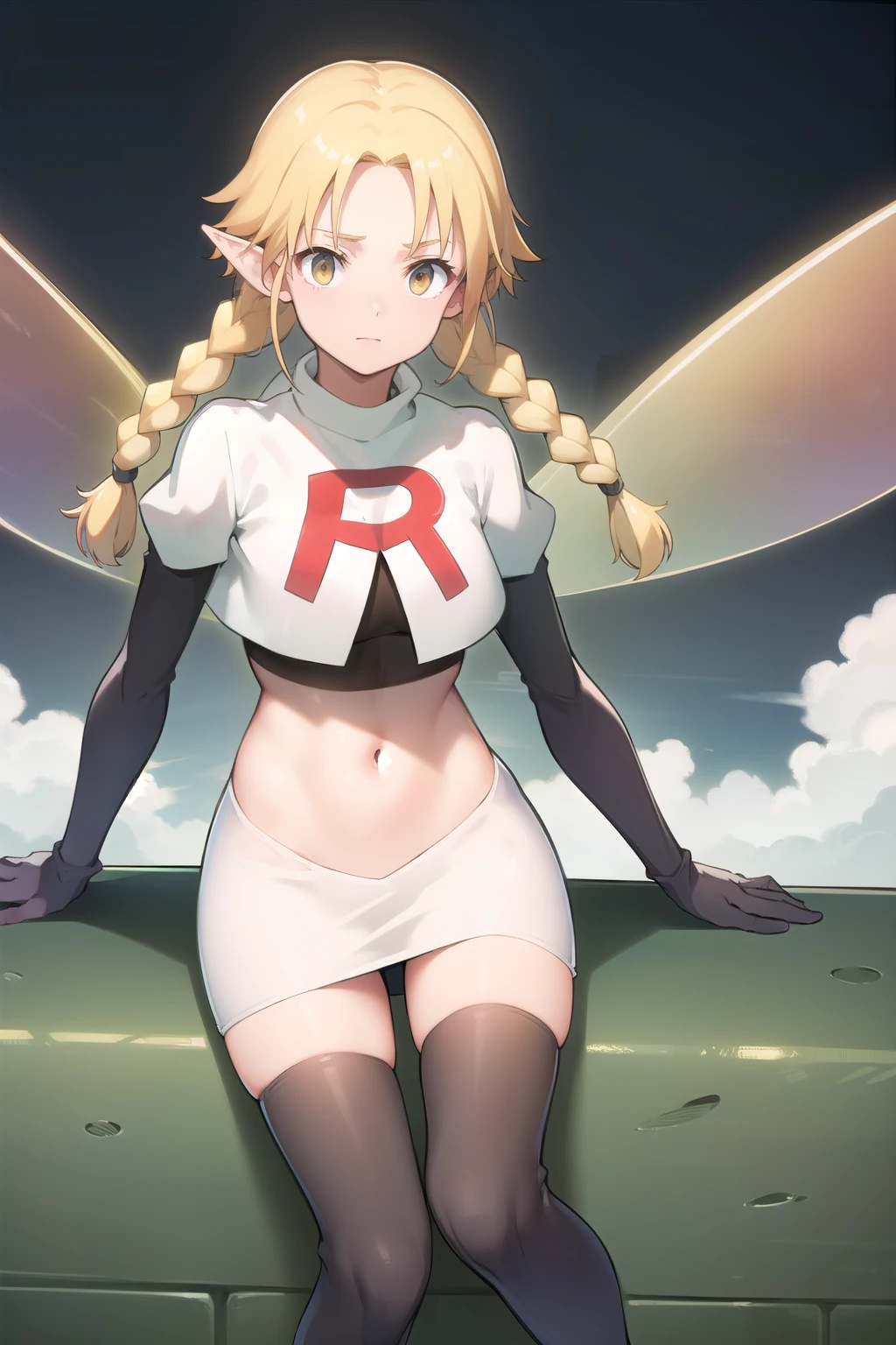 photorealistic, (4k), depth of field, (Masterpiece), (realistic skin texture), extremely detailed, intricate, hyper detailed, professional photography, high resolution, sharp detail, best quality, fairy, (fairy wings:1.2), blonde hair, twin braids, yellow eyes, (flying:1.5), above clouds, in sky, blue sky, (clouds:1.3), between clouds, landscape far away,team rocket,team rocket uniform,white skirt,red letter R,crop top,black thigh-highs,black elbow gloves