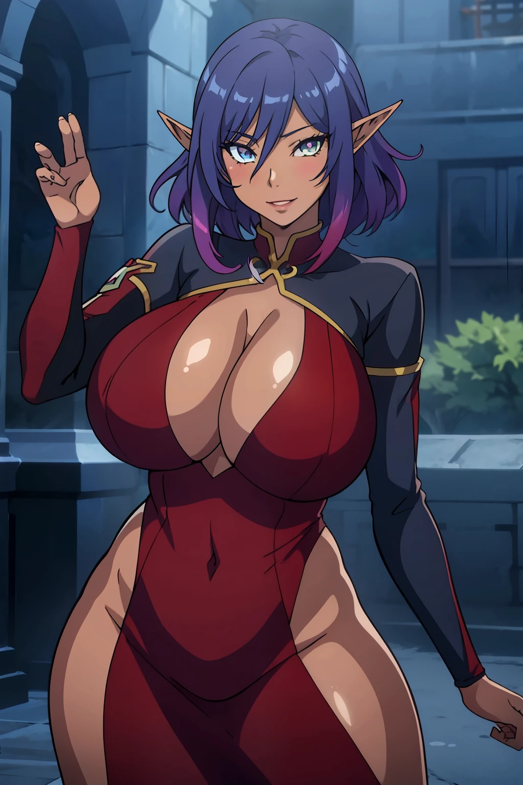 An anime-style artwork depicting Delva Celebrian from the game Youkoso Sukebe Elf no Mori E.

Tag: Delva Celebrian, anime, detailed eyes, detailed lips, chinese dress,  smiling expression, intense gaze, glowing emblem on hand, dynamic pose, mystical background, vibrant colors, digital art, high-resolution, professional quality, gigantic breasts, cleavage, huge tits, fullbody.