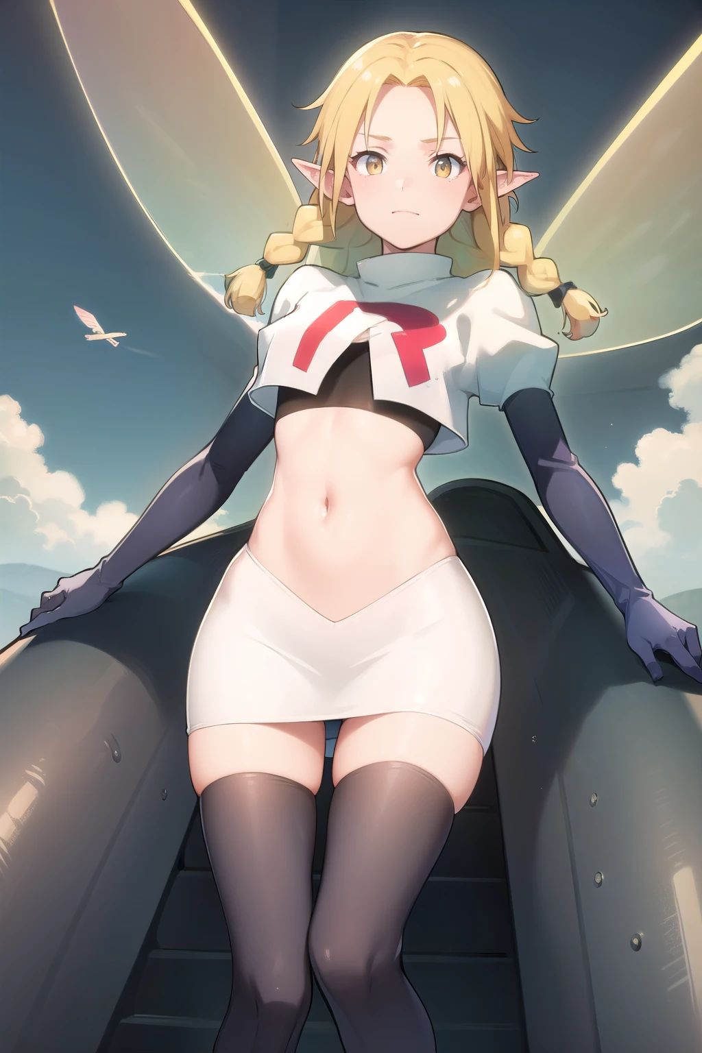photorealistic, (4k), depth of field, (Masterpiece), (realistic skin texture), extremely detailed, intricate, hyper detailed, professional photography, high resolution, sharp detail, best quality, fairy, (fairy wings:1.2), blonde hair, twin braids, yellow eyes, (flying:1.5), above clouds, in sky, blue sky, (clouds:1.3), between clouds, landscape far away,team rocket,team rocket uniform,white skirt,red letter R,crop top,black thigh-highs,black elbow gloves