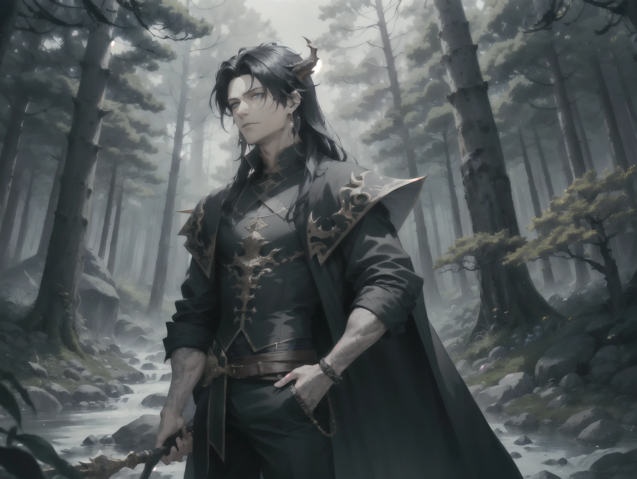 Masterpiece: 1.6, best quality: 1.4, live image: 1.2, intricate details: 1.2, charturnerv2: 1.2,
Appearance: (1male character) Male: 1.25, thin: 1.3, light blue eyes, detailed eyes, quality eyes, laughing, fighting a dragon, dragon ears,
Clothing: black adventurers robe with rolled up sleeves, black pants
Accessories: simple earrings, Staff,
Hair: black hair, long hair,
Makeup: natural, shiny skin,
(forest background: 1.3) (1Male)