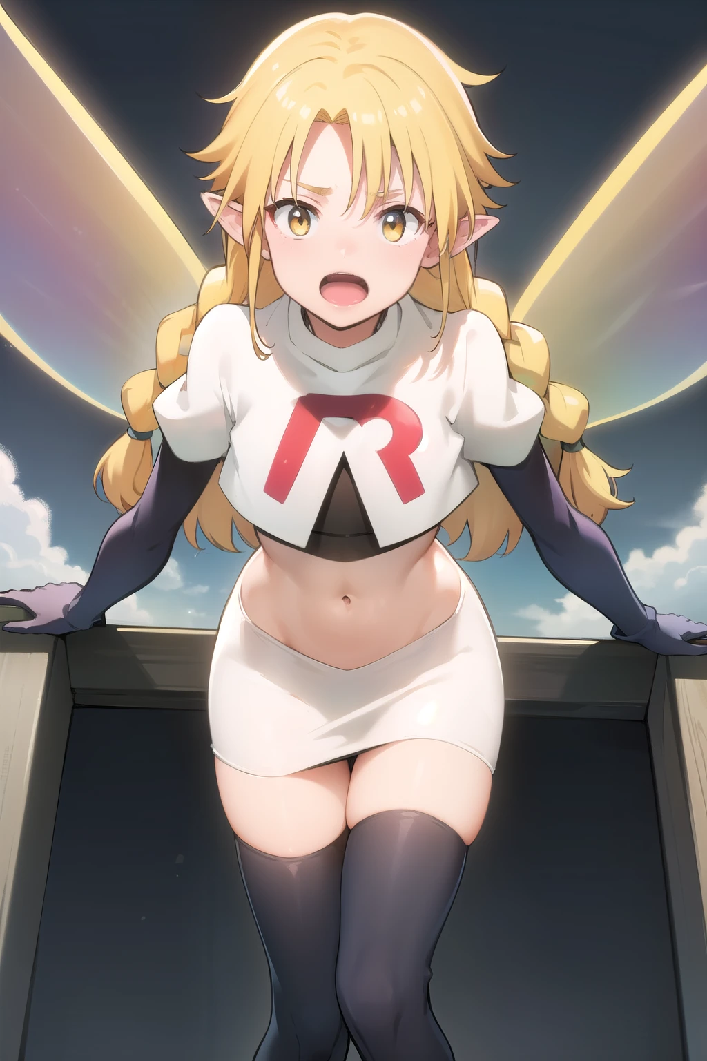 photorealistic, (4k), depth of field, (Masterpiece), (realistic skin texture), extremely detailed, intricate, hyper detailed, professional photography, high resolution, sharp detail, best quality, fairy, (fairy wings:1.2), blonde hair, twin braids, yellow eyes, (flying:1.5), above clouds, in sky, blue sky, (clouds:1.3), between clouds, landscape far away,team rocket,team rocket uniform,white skirt,red letter R,crop top,black thigh-highs,black elbow gloves