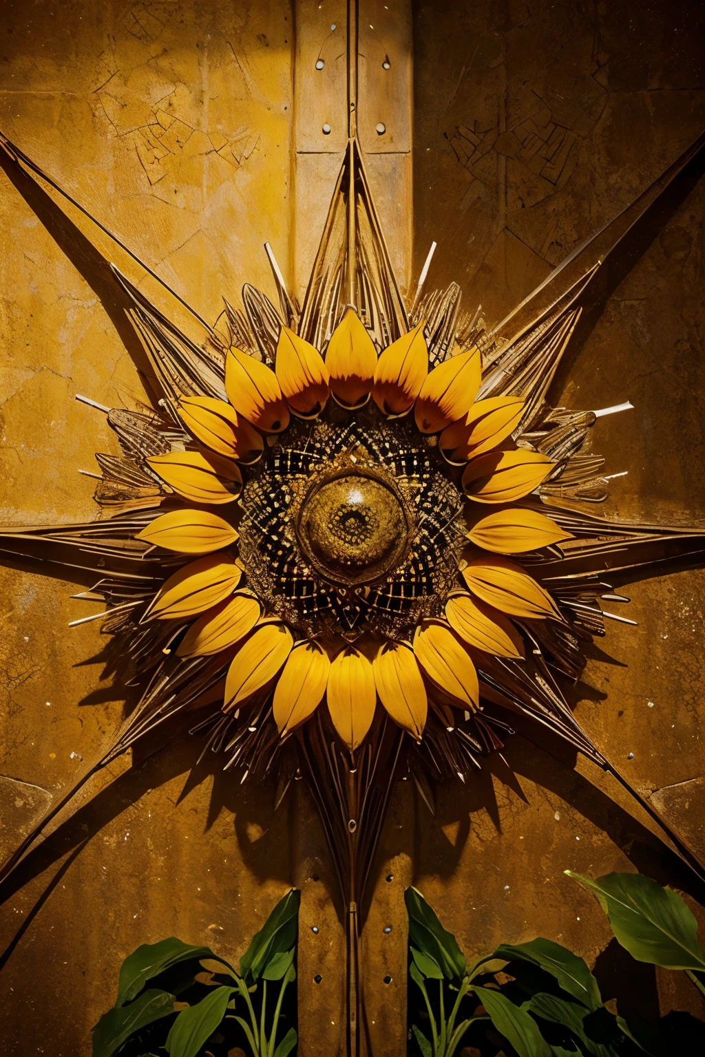 masterpiece in the style of Salvador Dali of aPhotorealistic perfect sunflower with sacred geometry construction lines in front of flower