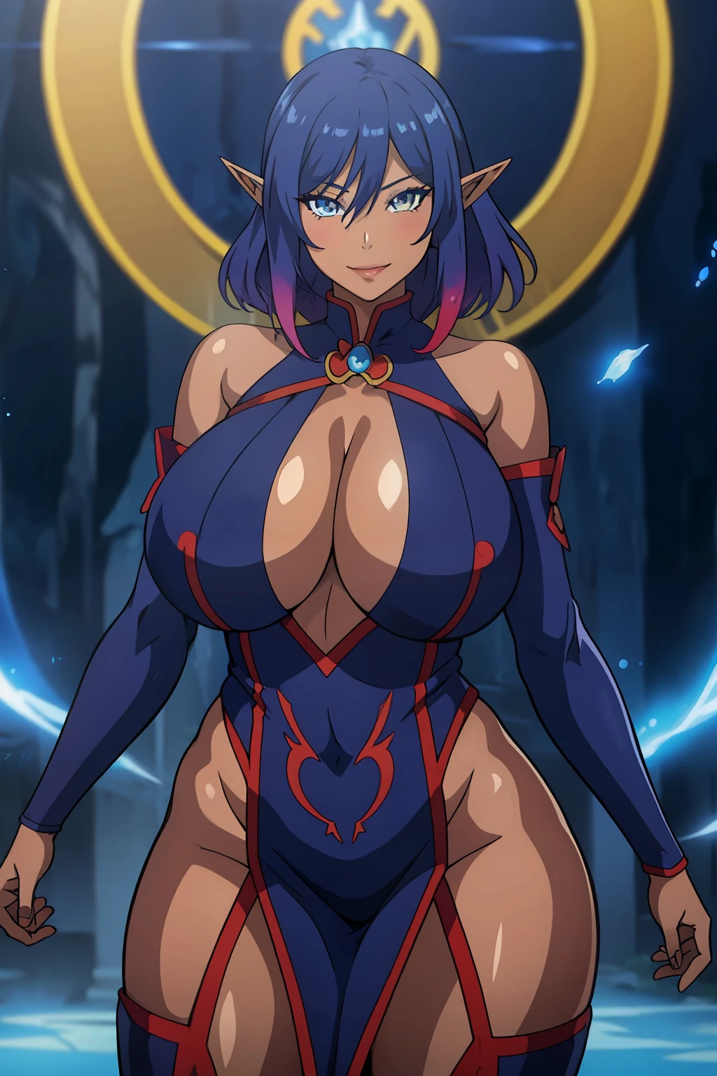 An anime-style artwork depicting Delva Celebrian from the game Youkoso Sukebe Elf no Mori E.

Tag: Delva Celebrian, anime, detailed eyes, detailed lips, blue chinese dress,  smiling expression, intense gaze, glowing emblem on hand, dynamic pose, mystical background, vibrant colors, digital art, high-resolution, professional quality, gigantic breasts, cleavage, huge tits, fullbody.