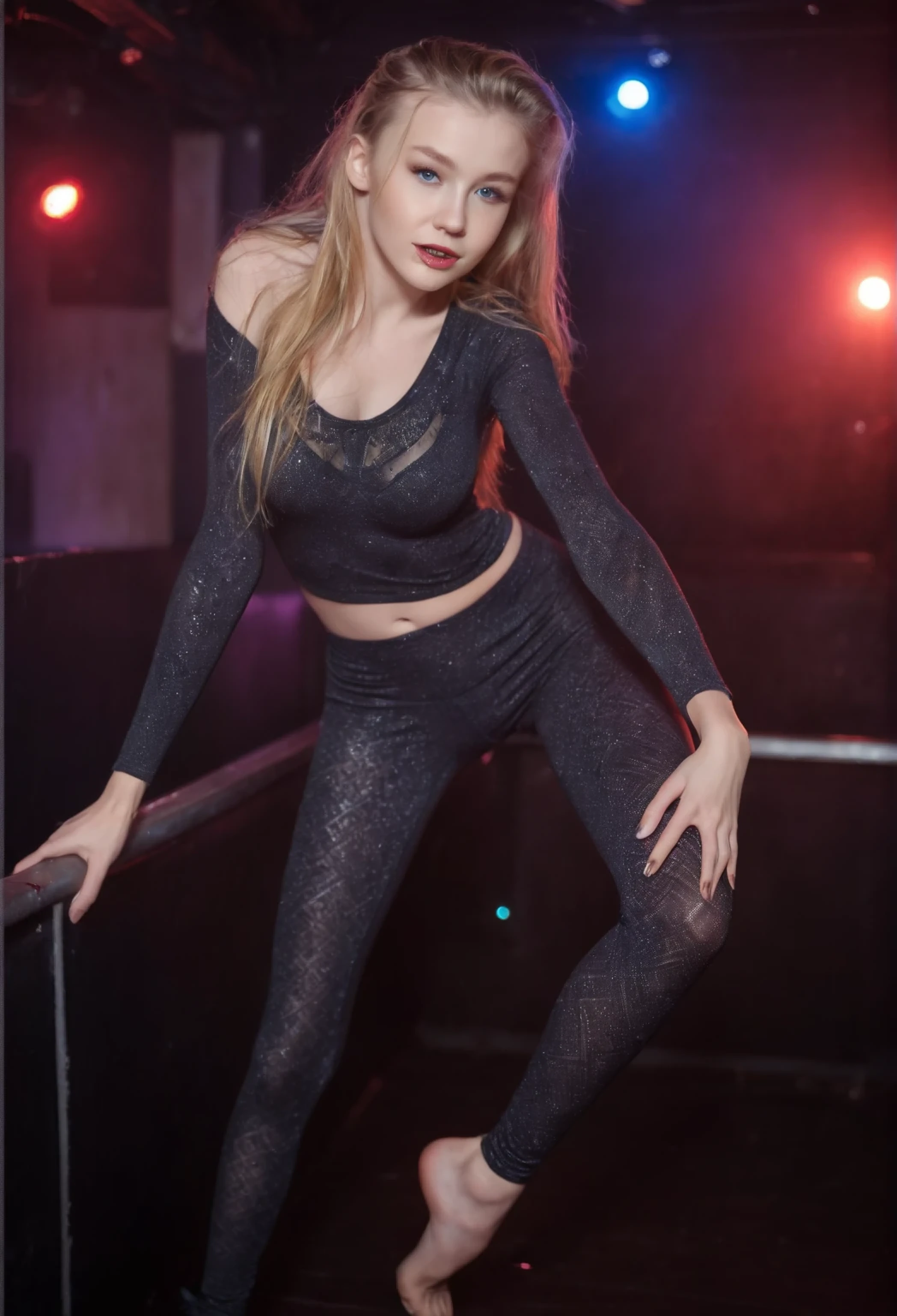 emily_bloom, leggings, black heels, beautiful detailed eyes, beautiful detailed lips, long eyelashes, standing at rail and watching dance party under her, dark light, nightclub,(best quality, 4k, 8k, highres, masterpiece:1.2), ultra-detailed, (realistic, photorealistic, photo-realistic:1.37), vibrant colors, bokeh, glossy textures, neon signs, dance floor, crowded space, energetic atmosphere, music beats, dynamic movements, DJ booth, smoke effects, laser lights, intense nightlife