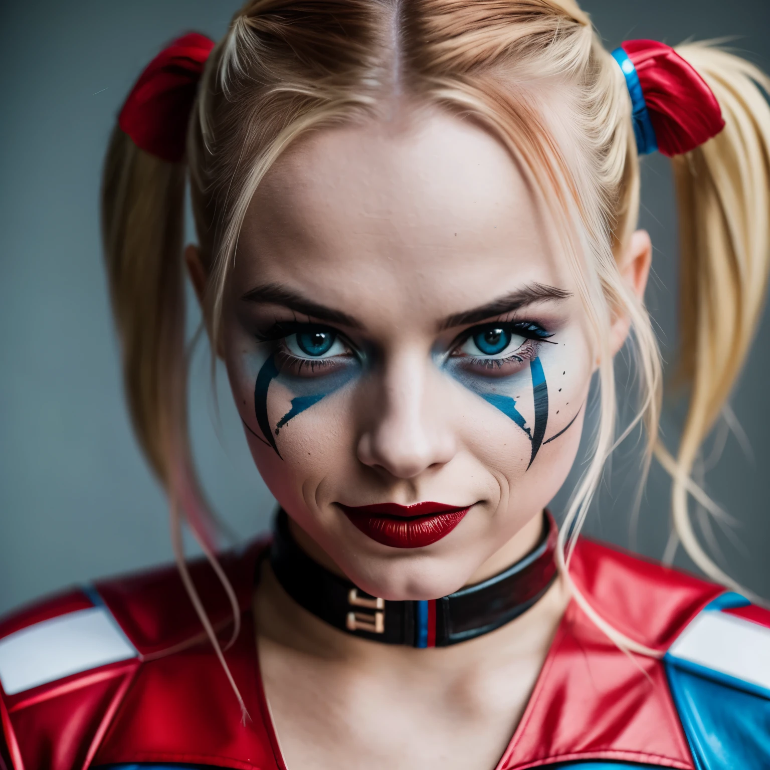 A portrait photo of emma mackey actress dressed as Harley Quinn, f /2.8, Canon, 85mm,cinematic, high quality, skin texture, looking at the camera
