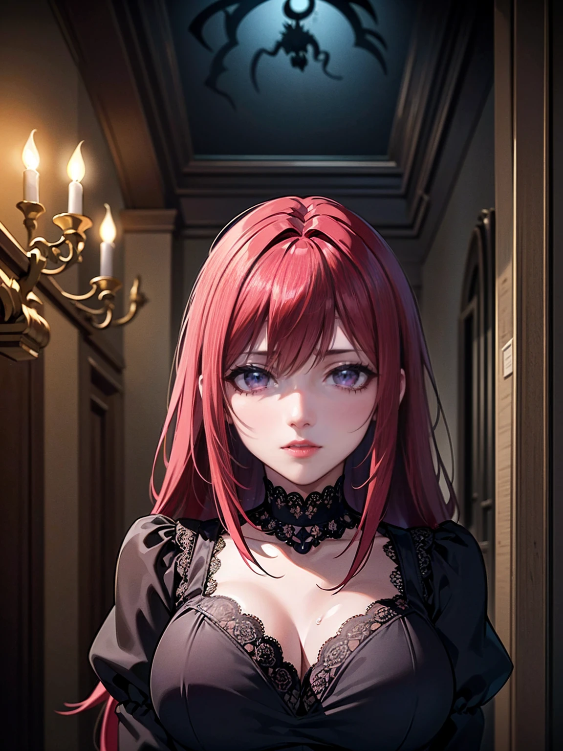 ((solo, 1woman, TakashiroHiroko, dark purple eyes, red hair, pink lipstick, Extremely detailed, ambient soft lighting, 4k, perfect eyes, a perfect face, perfect lighting, a 1girl, Lush)) , ((night, solo, 1woman, pink lipstick, Extremely detailed, ambient soft lighting, 4k, perfect eyes, a perfect face, perfect lighting, a 1girl)), (shy, highest quality, masterpiece:1.2), High-definition RAW color photo, Professional, cinematic light, gothic aesthetics, horror, eerie atmosphere, dark shadow, unforgettably beautiful, creepy landscape, gothic architecture, eerie atmosphere, decaying ruins, foggy fog, dramatic lighting, dark color, creepy details, (beautiful woman, Flowing Black Dress, haunted house, cute presence, gothic fashion, lace and velvet, dark red dress and vclack), eerie storm clouds, Moonlight night, supernatural being, eerie shadow, gothic charm, romantic rose in a dark corner, Bright red roses, creeping vine, dripping candle, Secret Whispers、delicate carvings, Ancient curses, thunder and lightning, creepy fog and crows, medieval atmosphere, spiderweb, gorgeous chandelier、Gargoyle - decorated roof, bleeding statue, sublime beauty, gothic aesthetic