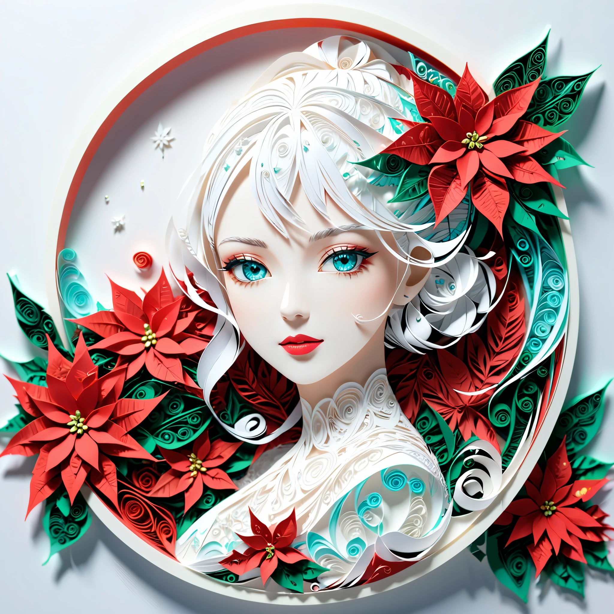 (hologram:1.5),The silhouette of a beautiful woman,Colorful Poinsettia,in the winter,White background,paper art,quilling paper art,zentangle, geomerty,3D render, Cinematic lighting effects