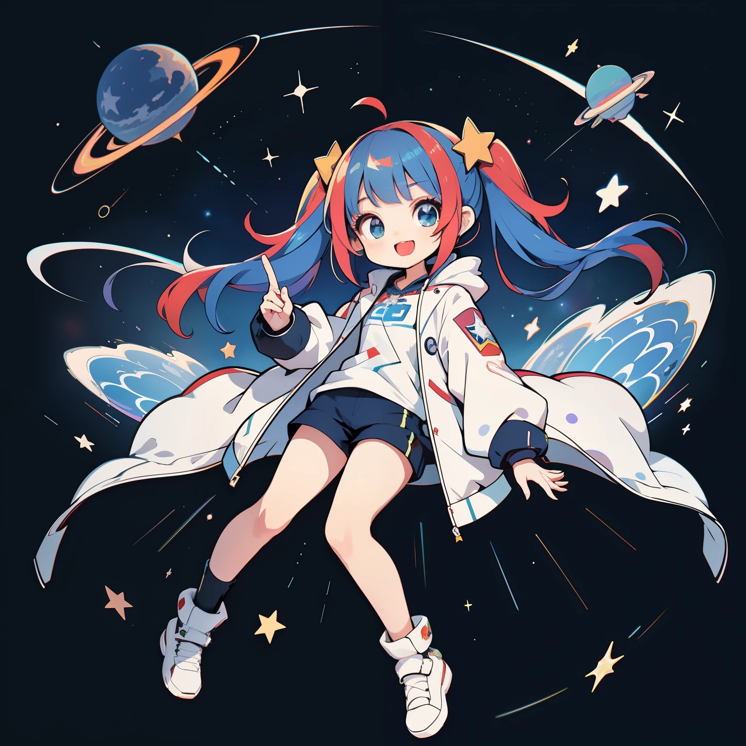 1girl, fullbody, character design, spacey, star accessory, high quality, wide shot, detailed background with space planets and stars, short twintails, thick thighs, multicolored hair, oversized jacket, cyberpunk, fang