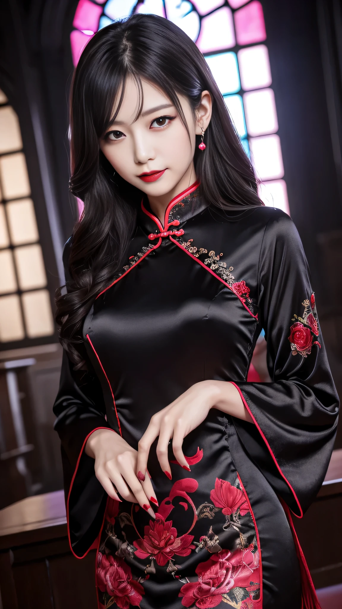 Super detailed、Japanese、charming beauty、seductive adult woman、Beautiful woman、sharp eyes、cool girl、wavy hair、long black cheongsam、wide sleeve、evilの幹部、evil depravity、brainwashing、Mind control、apply lipstick、grin、evilな表情、evil、empty eyes、evil、church at night、vampire、vampire、Hypnosia makeup brush