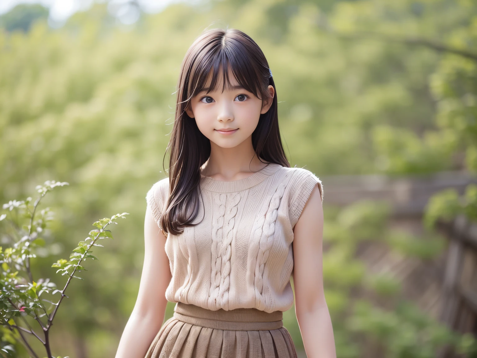 best image quality, concentrated, soft light, , ((Japanese)), (No sleeve), (((front, young face))), (Depth of the bounds written), ultra high resolution, (realistic: 1.4 ), RAW photo, (knitted clothes), skirt, masterpiece, highest quality, (Photoreal), woman, smile, bangs