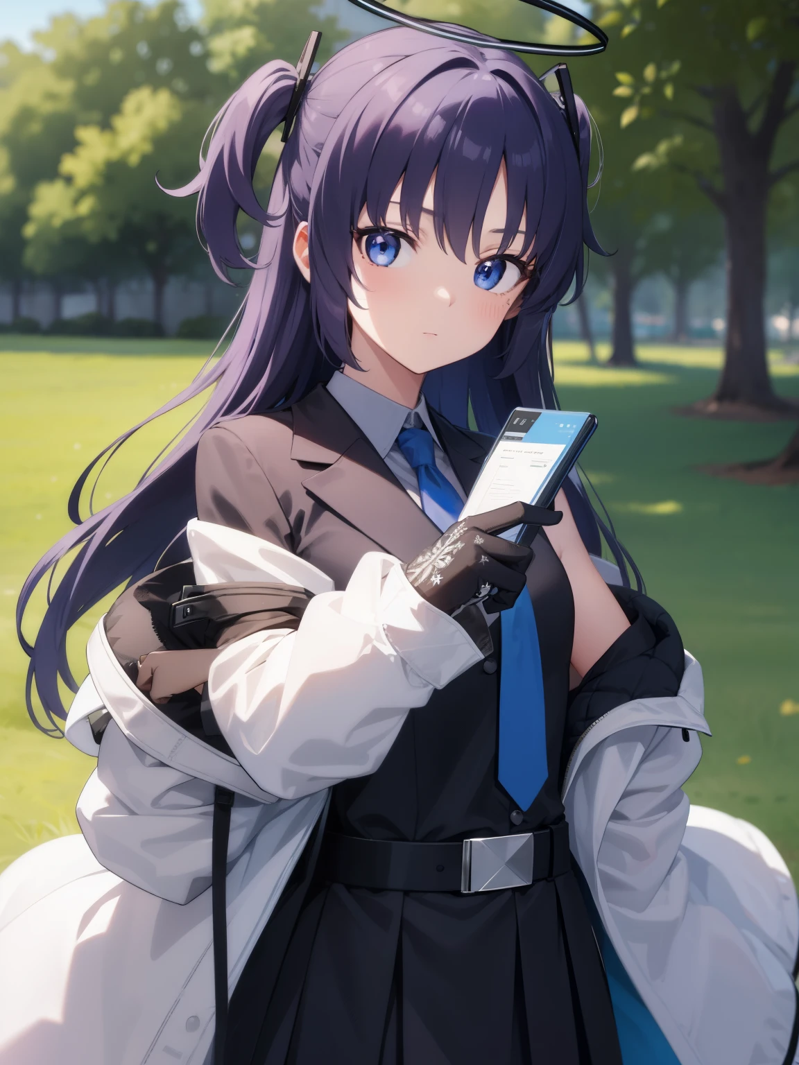 bluearchiveyuuka, yuuka, blue eyes, halo, purple hair, two side up, long hair,
BREAK belt, black gloves, black jacket, black skirt, blue necktie, gloves, halo, jacket, necktie, off shoulder, skirt, two-sided fabric, two-sided jacket, white belt, (white jacket:1.5),
BREAK looking at viewer, 
BREAK outdoors,
BREAK (masterpiece:1.2), best quality, high resolution, unity 8k wallpaper, (illustration:0.8), (beautiful detailed eyes:1.6), extremely detailed face, perfect lighting, extremely detailed CG, (perfect hands, perfect anatomy),