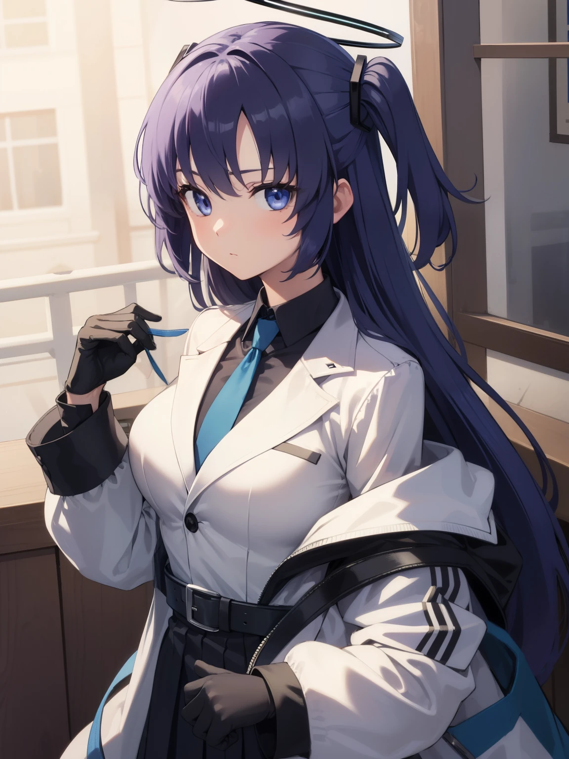 bluearchiveyuuka, yuuka, blue eyes, halo, purple hair, two side up, long hair,
BREAK belt, black gloves, black jacket, black skirt, blue necktie, gloves, halo, jacket, necktie, off shoulder, skirt, two-sided fabric, two-sided jacket, white belt, (white jacket:1.5),
BREAK looking at viewer, 
BREAK outdoors,
BREAK (masterpiece:1.2), best quality, high resolution, unity 8k wallpaper, (illustration:0.8), (beautiful detailed eyes:1.6), extremely detailed face, perfect lighting, extremely detailed CG, (perfect hands, perfect anatomy),