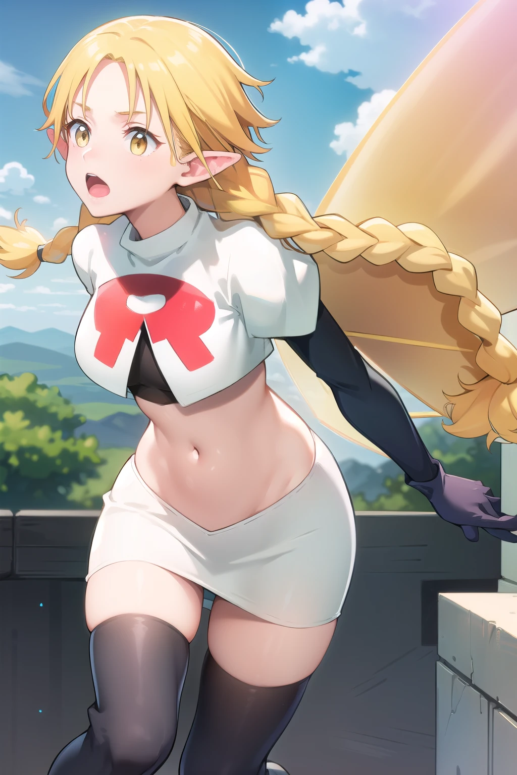 photorealistic, (4k), depth of field, (Masterpiece), (realistic skin texture), extremely detailed, intricate, hyper detailed, professional photography, high resolution, sharp detail, best quality, fairy, (fairy wings:1.2), blonde hair, twin braids, yellow eyes, (flying:1.5), above clouds, in sky, blue sky, (clouds:1.3), between clouds, landscape far away,team rocket,team rocket uniform,white skirt,red letter R,crop top,black thigh-highs,black elbow gloves