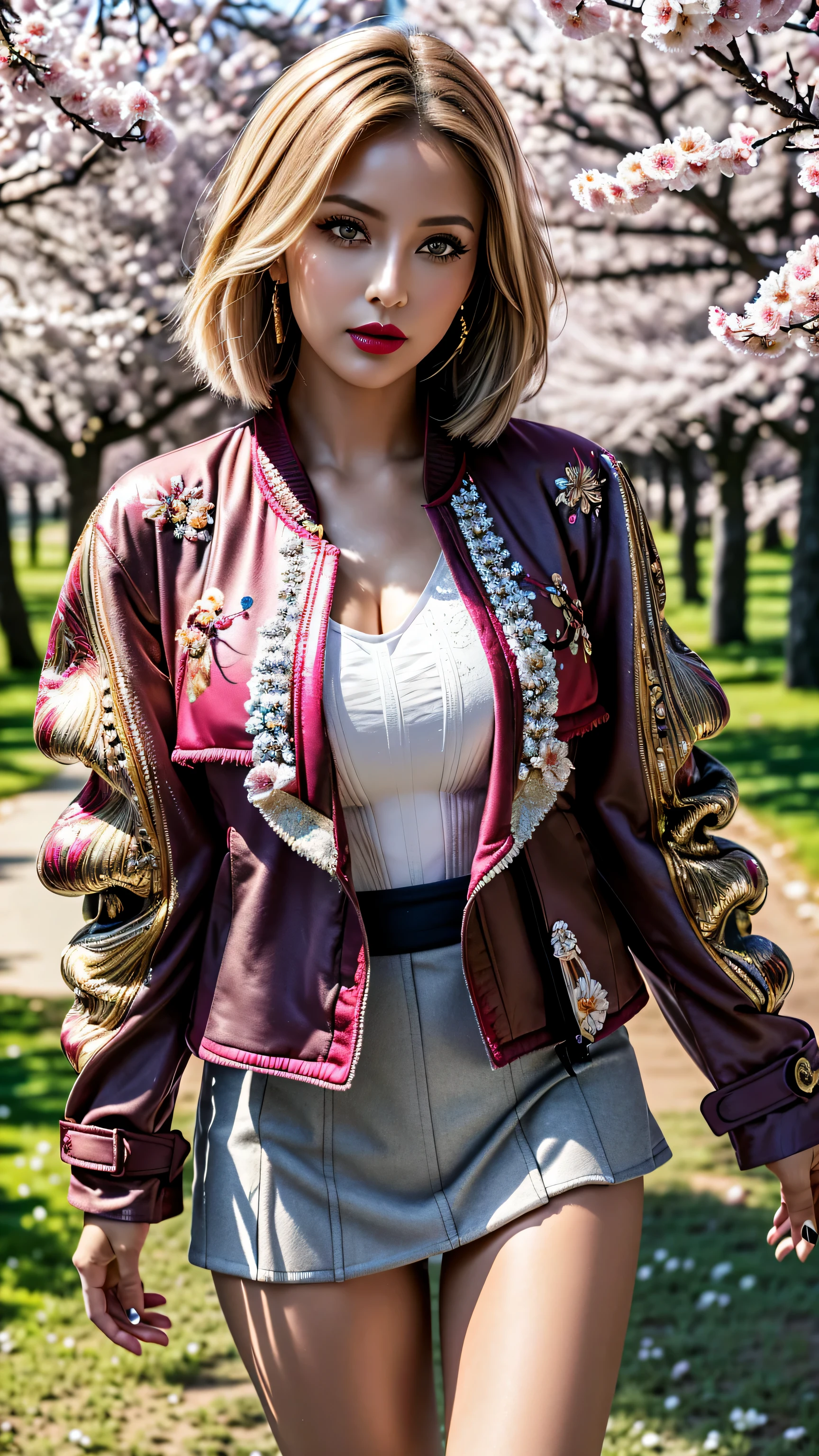 (Highest resolution),(the most absurd quality),(masterpiece),(sharp focus),(最high quality),(photorealistic),(hyper realistic),(best high quality real texture skin:1.4),((ebony skin female)),(best quality texture hair:1.4),beauty mixed of girl(((madison ivy)))[[jessica alba]] in 1girl:1.4 20 years old,looking at viewer,cinematic,dark,muted colors,slate atmosphere,(Super beautiful face),(realistic face),absurd(ultra detailed eyes), finely detailed face,finely quality eyes,(tired and sleepy and satisfied:0.0),realistic eyes,perfect round eyes,finely detailed pupils,(brown_eyes:1.3),detailed lips:1.3,pink_makeup:1.3,long blue_eyeliner:1.15,(red_lipstick:1.32),perfect dark_eyeshadows:1.35,there a close up of a woman's,(super detailed makeup on eyes:1.3),iridescent eyes,with professional makeup,vibrant eyes:1.1,(Detailed nose:1.2),((short blonde hair ((slicked to the side)) extremely detailed:1.3)),((outside,an orchard of blooming cherry trees:1.3)),((super extravagant ((cut jacket)) wear:1.51)),small head:1.4,(short skirt wrapped at the hips),/(random u%u top:1.13),/exquisite balance of shadows,perfect composition,(shot above the knee:1.3),look at the viewer,(from below:1.3),((show high exposed thighs:1.3)),Hasselblad, 85mm f/4.0