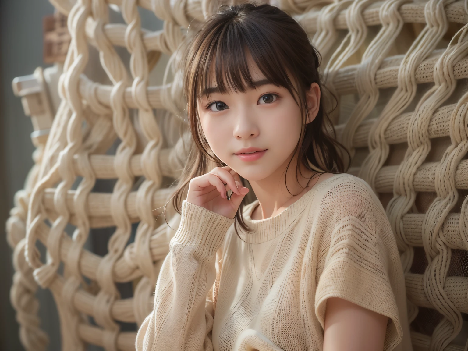 best image quality, concentrated, soft light, 15 years old, ((Japanese)), (No sleeve), (((front, young face))), (Depth of the bounds written), ultra high resolution, (realistic: 1.4 ), RAW photo, (knitted clothes), skirt, masterpiece, highest quality, (Photoreal), woman, smile, bangs