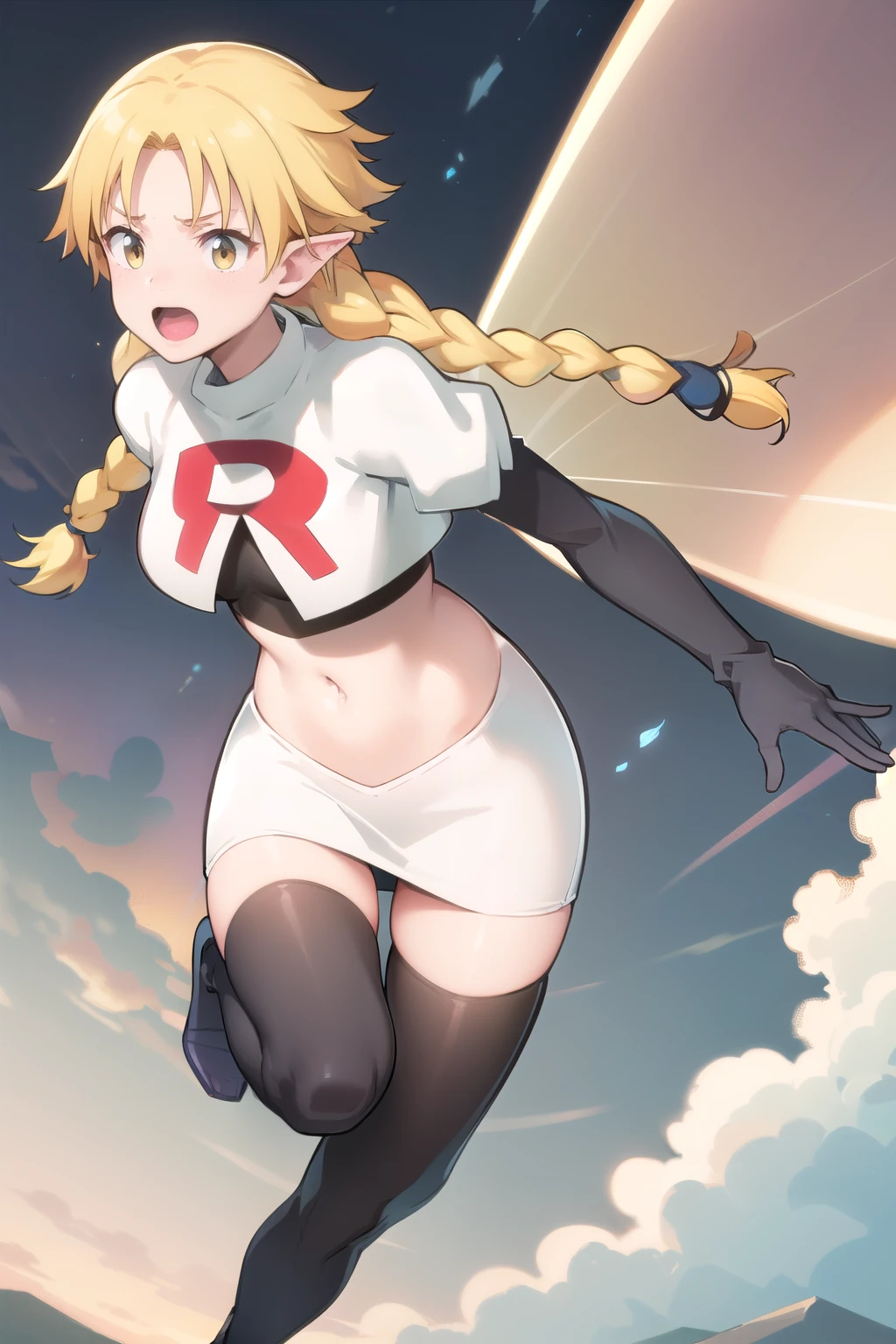 photorealistic, (4k), depth of field, (Masterpiece), (realistic skin texture), extremely detailed, intricate, hyper detailed, professional photography, high resolution, sharp detail, best quality, fairy, (fairy wings:1.2), blonde hair, twin braids, yellow eyes, (flying:1.5), above clouds, in sky, blue sky, (clouds:1.3), between clouds, landscape far away,team rocket,team rocket uniform,white skirt,red letter R,crop top,black thigh-highs,black elbow gloves