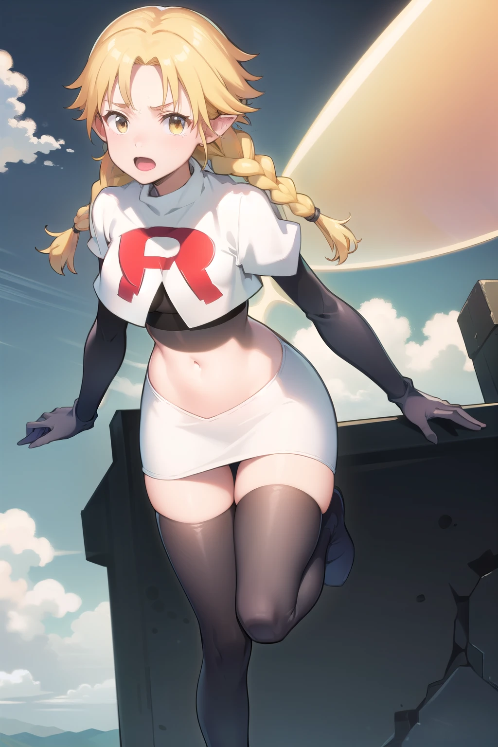 photorealistic, (4k), depth of field, (Masterpiece), (realistic skin texture), extremely detailed, intricate, hyper detailed, professional photography, high resolution, sharp detail, best quality, fairy, (fairy wings:1.2), blonde hair, twin braids, yellow eyes, (flying:1.5), above clouds, in sky, blue sky, (clouds:1.3), between clouds, landscape far away,team rocket,team rocket uniform,white skirt,red letter R,crop top,black thigh-highs,black elbow gloves