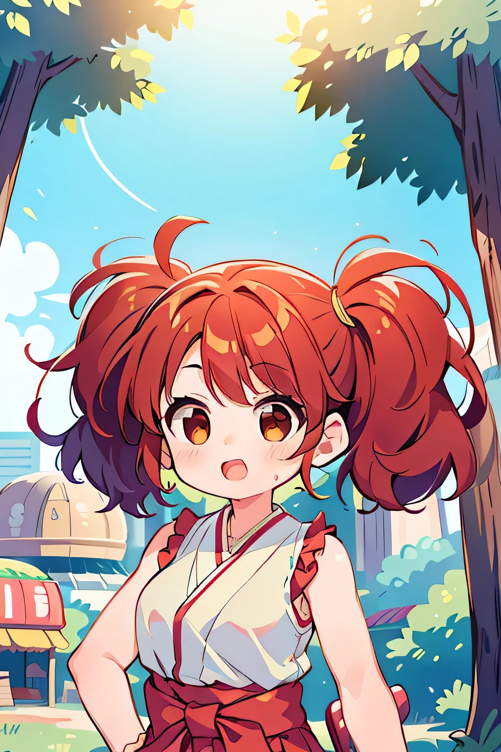 1girl, scenery, rigging, city, upper body, brown eyes, tareme, big hair, twintails, green hair, messy hair, small breasts, red hakama, d:, sleeveless, brooch