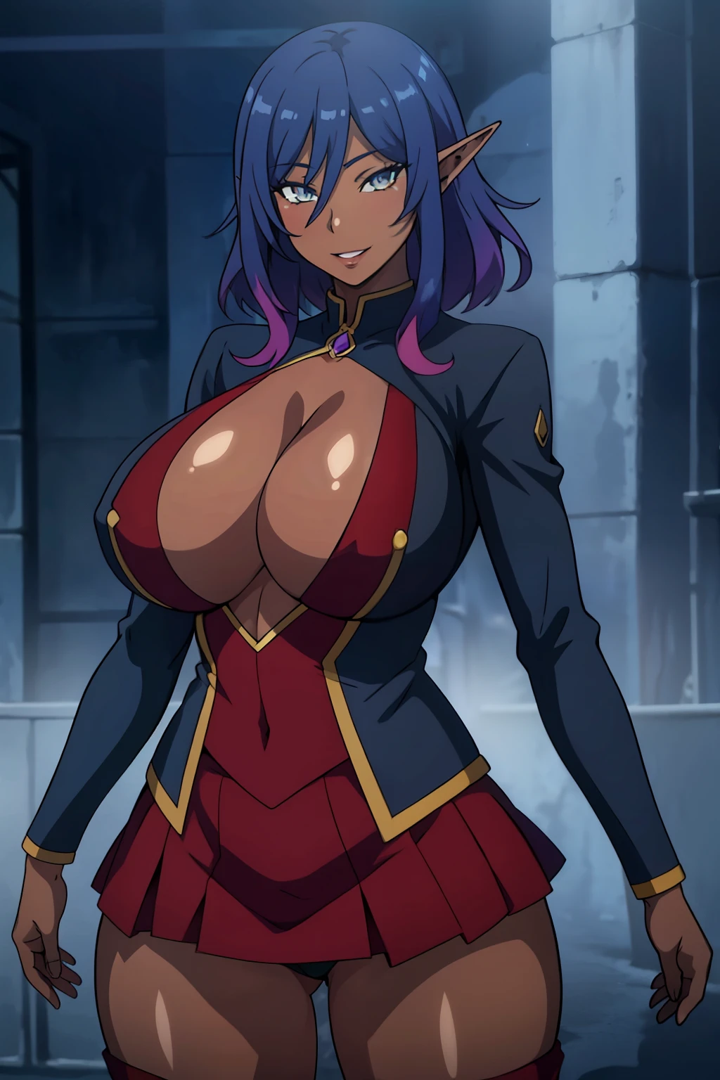 An anime-style artwork depicting Delva Celebrian from the game Youkoso Sukebe Elf no Mori E.
Tag: Delva Celebrian, anime, detailed eyes, detailed lips, black business suit with skirt, smiling expression, intense gaze, dynamic pose, mystical background, vibrant colors, digital art, high-resolution, professional quality, gigantic breasts, cleavage, huge tits, fullbody.