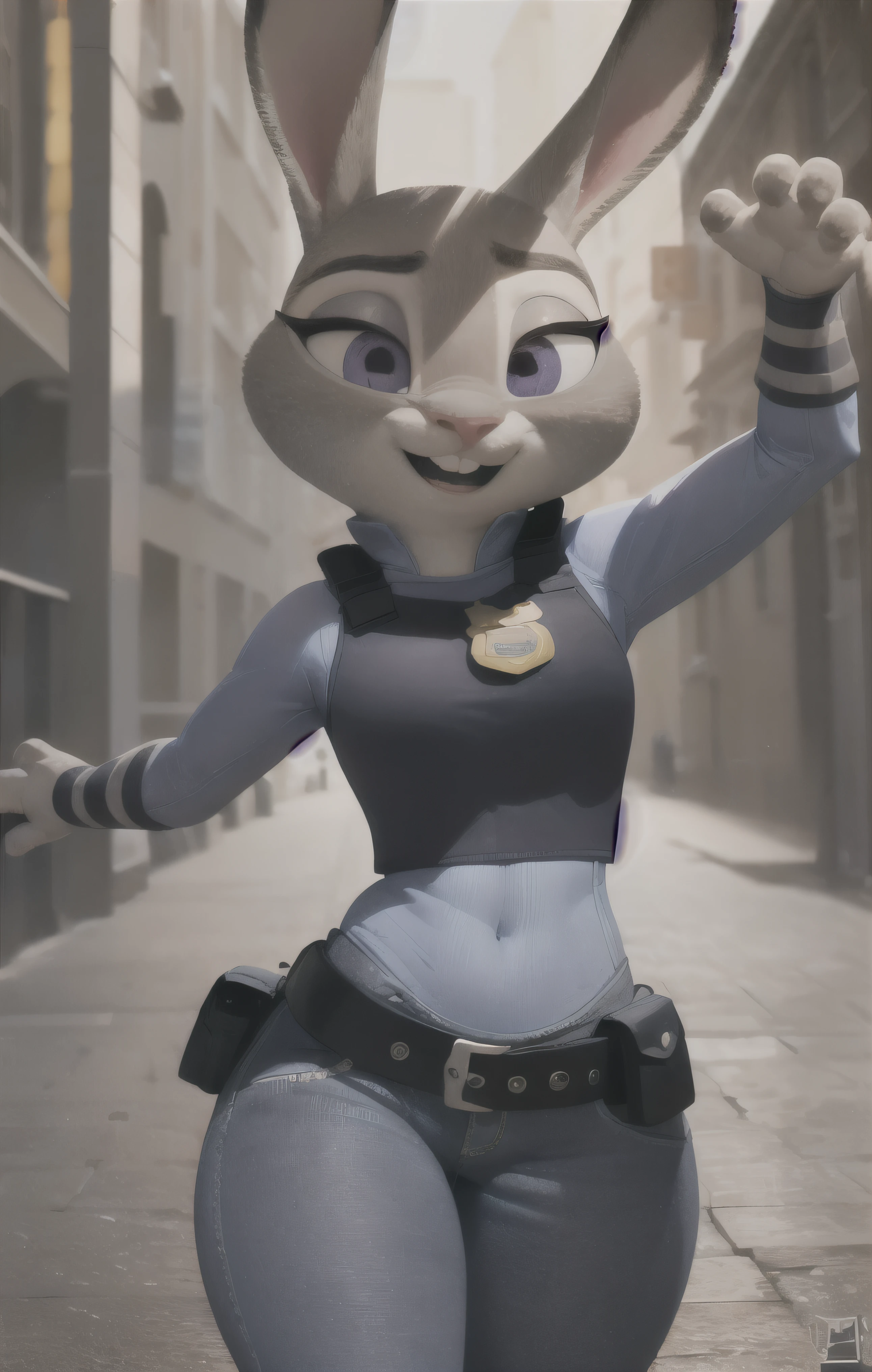 orejas hacia abajo, (Mejor calidad, Obra maestra:1), peluda hembra antro judyhopps, retrato, uniforme de policia, Uniforme completo, cola de conejo, police belt, police badge, pantalones azules, sonrisa, ojos morados, pelaje del cuerpo, ojos medio cerrados, (fondo urbano detallado de la ciudad:1.1), Pixar estilo 3D, cuerpo completo, caderas anchas, piernas gruesas