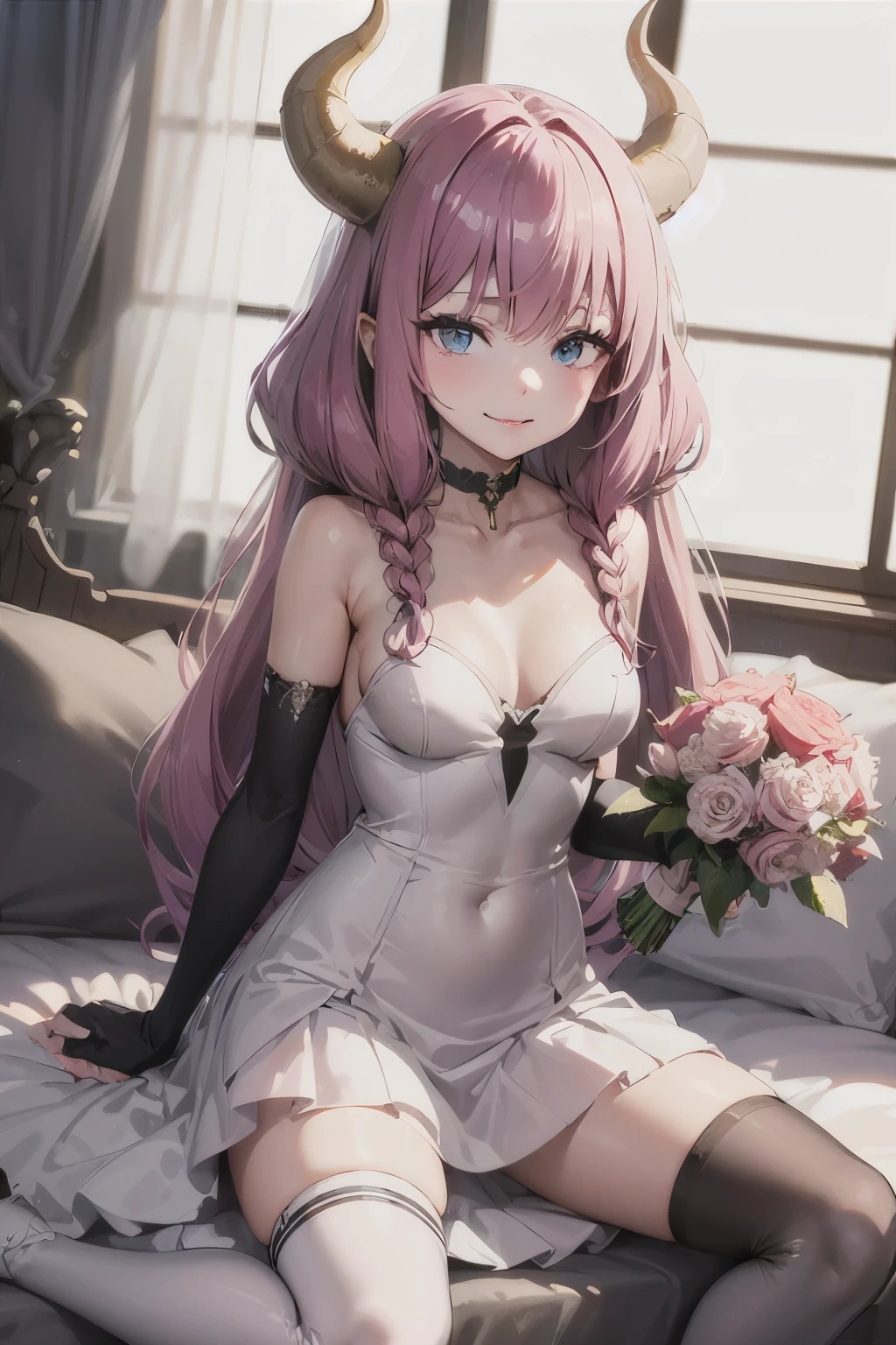 very delicate and beautiful girl,8k wallpaper,masterpiece,danntoudainoaura,Bedroom,1 girl,alone,devil's horns,devil girl,long hair,medium breasts,elbow bag,((black thigh high socks)),boots,choker,((Wedding dress)),(sit on bed),looking at the viewer、Photo from below、((sit cross-legged))、(bouquet)、long skirt