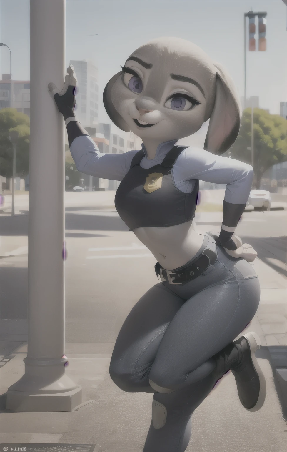 orejas hacia abajo, (Mejor calidad, Obra maestra:1), peluda hembra antro judyhopps, retrato, uniforme de policia, uniforme completo, cola de conejo, police belt, police badge, pantalones azules, sonrisa, ojos morados, pelaje del cuerpo, ojos medio cerrados, (fondo urbano detallado de la ciudad:1.1), estilo pixar 3d, cuerpo completo, caderas anchas, piernas gruesas