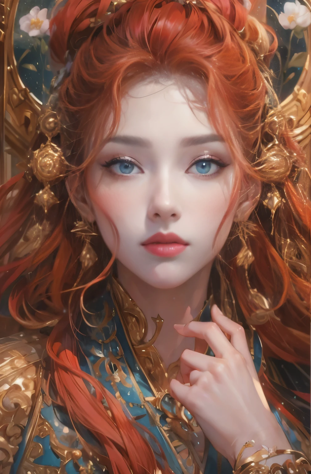 Greek Mythology, very beautiful red-haired western woman, goddess of the moon, deer guardian, artemis, she looks 27 years old, peace, silence, sacred, Noble, height of sophistication, grace, authoritative, grace, Mysterious美貌,wonderful, elegant, beautiful female hunter,王冠とドレスを着た女性のClose-up, A highly detailed painting by Yang J., art station, fantasy art, beautiful fantasy empress, beautiful fantasy art portrait, art germ on artstation pixiv, art germ. anime illustration, beautiful goddess portrait, fantasy art portrait, ((beautiful fantasy empress)), Works that influenced Chen Yifei, Works that influenced Francesco Hayes, Inspired by Hendrik Terbruggen, Jean＝Works that influenced Auguste Dominique Ingres, Works that influenced Liu Jun, Jean＝Works that influenced Auguste Dominique Ingres, highest quality, perfect angle, perfect composition, best shot, official art, supreme work of art, cinematic light, figurative art, Beautiful and expressive paintings, Gorgeous and bright painting style, Beautiful artwork illustration, wonderful, cool beauty, clear, Mysterious, highest quality, official art, perfect composition, perfect angle, best shot, Perfect light and shadow contrast, Japanese-European compromise, very stylish style, very fashionable, Very detailed and precise painting style, women only, sharp outline, pretty much beautiful face, mature woman's charm, highly detailed beautiful eyes, Very delicate eyes, Snow Moon Wind Flowers, Dream Bubble, Close-up