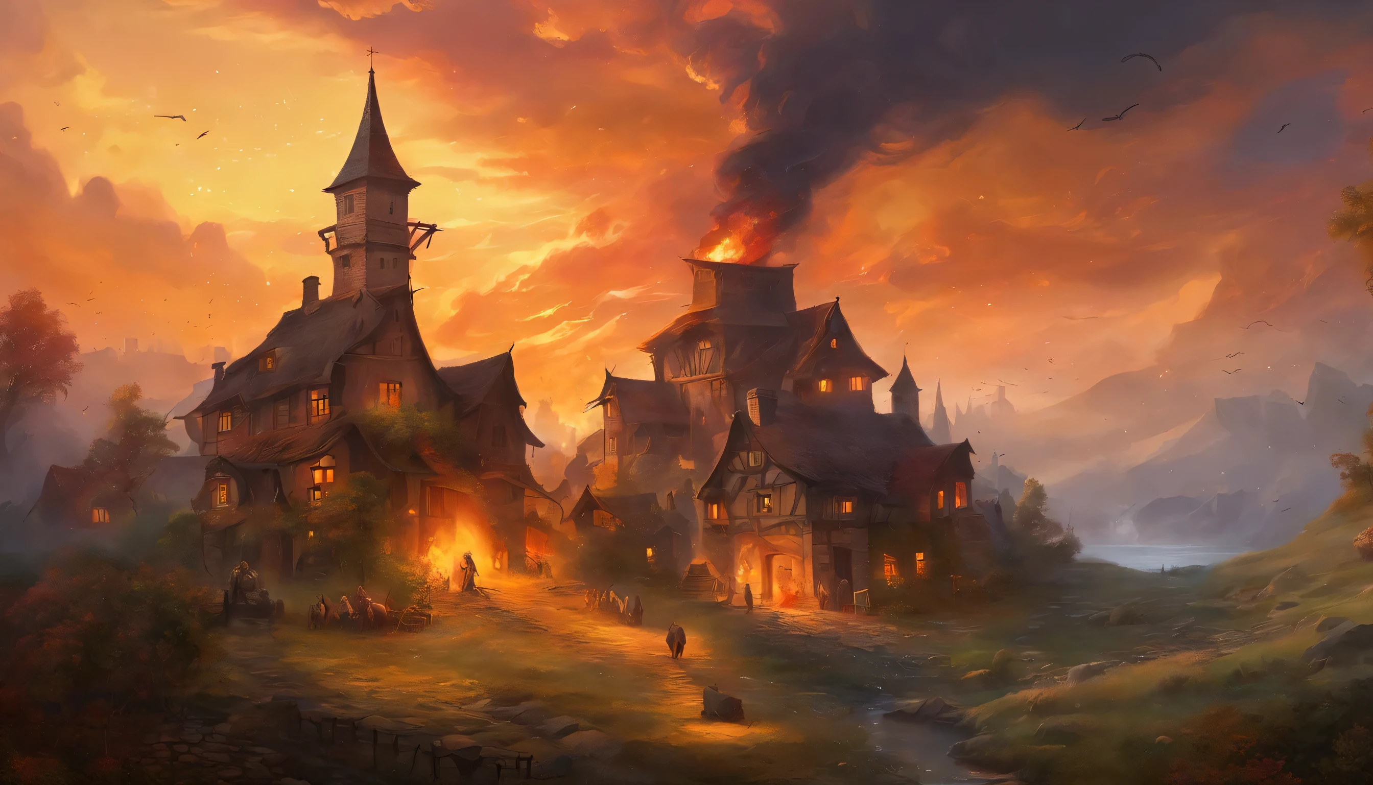 a big fire is burning in a village with a clock tower, vila em chamas, uma cidade antiga em chamas, vila em chamas in background, casas em chamas, casas em chamas, fires!! hiperrealista, cena em chamas ao fundo, Building on fire, cabanas queimadas, Building on fires, por Artur Tarnowski, por Krzysztof Boguszewski