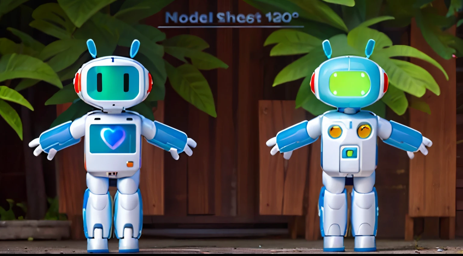 cute white robot with green details with a heart on its chest pixar style