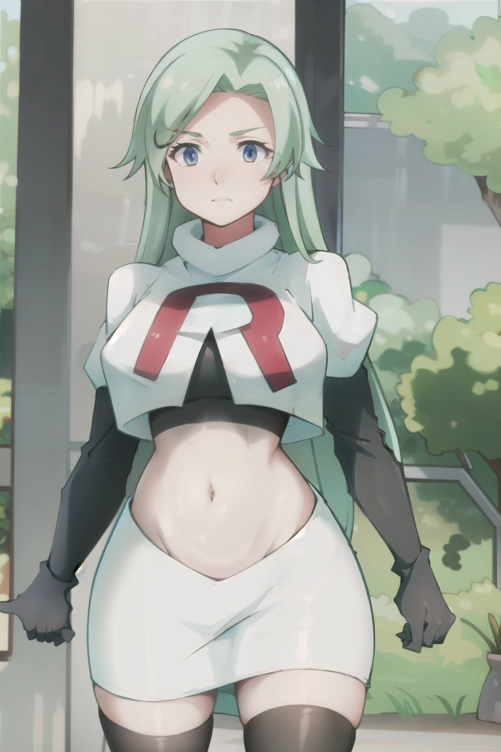 EFT_Tensura_Treyni, nature, team rocket,team rocket uniform,white skirt,red letter R,crop top,black thigh-highs,black elbow gloves