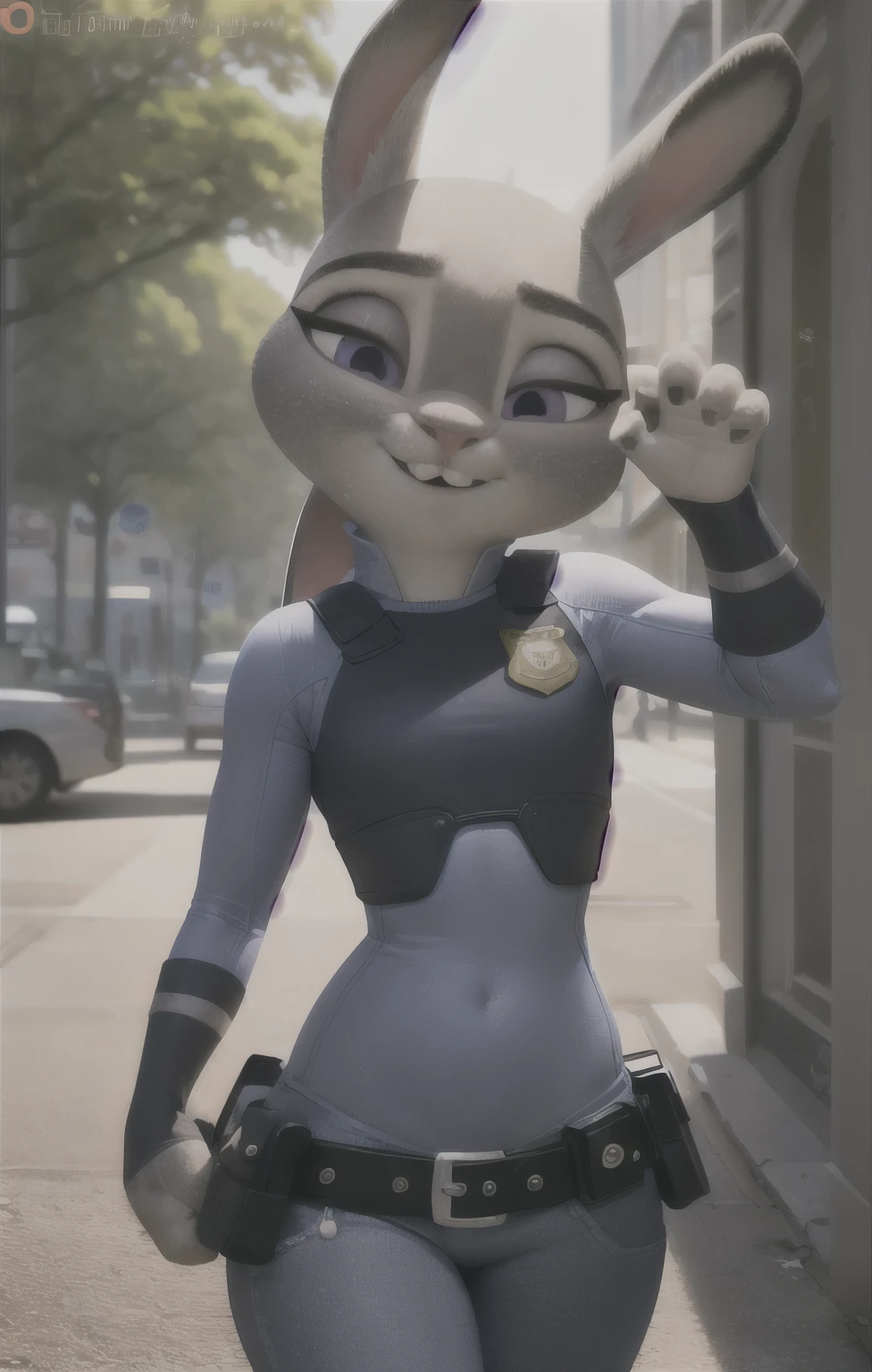 orejas hacia abajo, (Mejor calidad, Obra maestra:1), peluda hembra antro judyhopps, retrato, uniforme de policia, uniforme completo, cola de conejo, police belt, police badge, pantalones azules, sonrisa, ojos morados, pelaje del cuerpo, ojos medio cerrados, (fondo urbano detallado de la ciudad:1.1), estilo pixar 3d, cuerpo completo, (caderas anchas:1.5), muslos gruesos