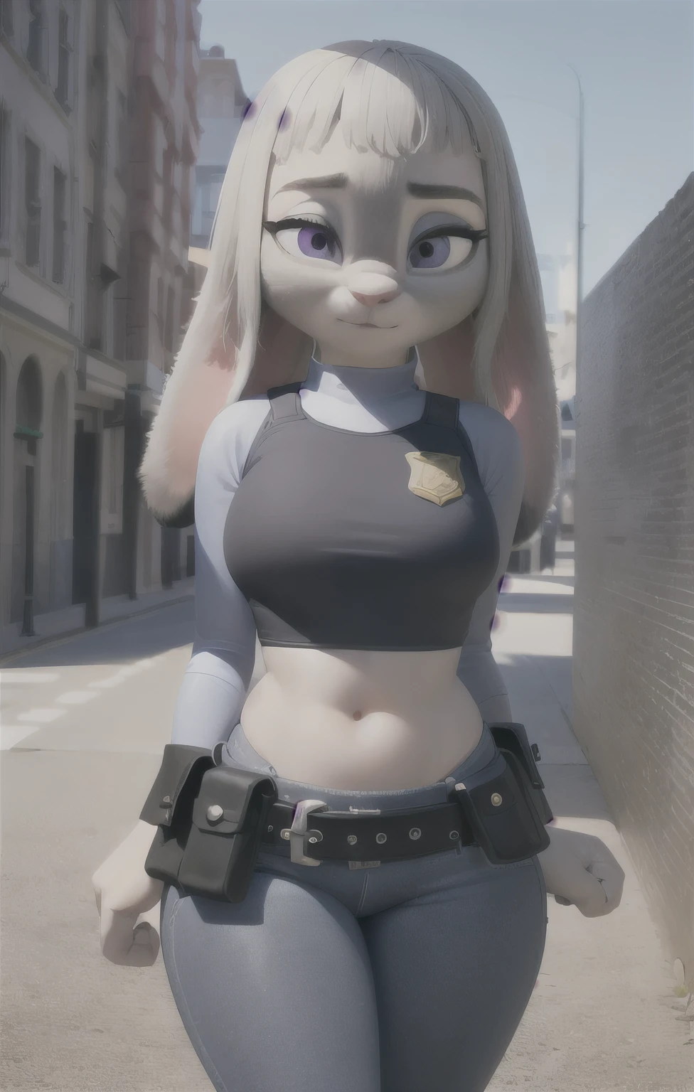 orejas hacia abajo, (Mejor calidad, Obra maestra:1), peluda hembra antro judyhopps, retrato, uniforme de policia, uniforme completo, cola de conejo, police belt, police badge, pantalones azules, sonrisa, ojos morados, pelaje del cuerpo, ojos medio cerrados, (fondo urbano detallado de la ciudad:1.1), estilo pixar 3d, cuerpo completo, (caderas anchas:1.5), muslos gruesos