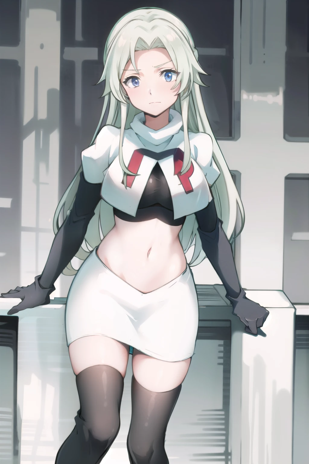 (masterpiece, best quality:1.2),illustration,8k,hd,1girl,solo,very_long_hair,large_breasts,red_eyes,white_hair,zettai_ryouiki,team rocket,team rocket uniform,white skirt,red letter R,crop top,black thigh-highs,black elbow gloves