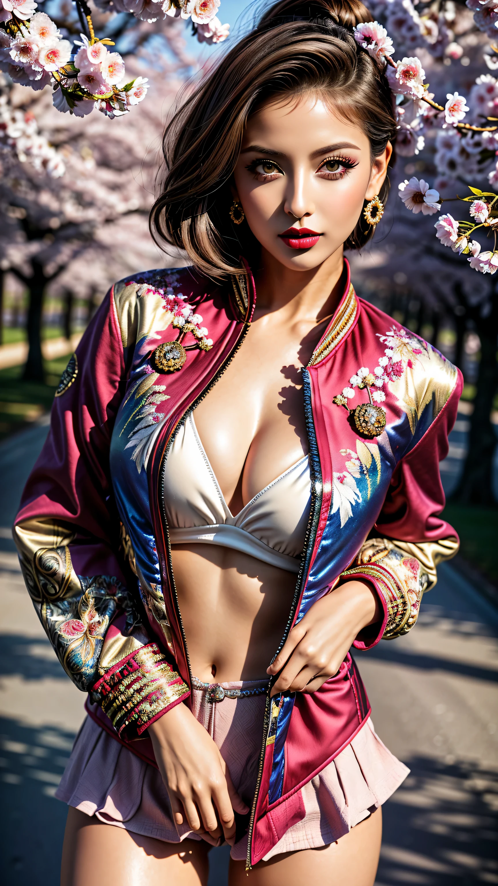 (Highest resolution),(the most absurd quality),(masterpiece),(sharp focus),(最high quality),(photorealistic),(hyper realistic),(best high quality real texture skin:1.4),((ebony skin female)),(best quality texture hair:1.4),beauty mixed of girl(((madison ivy)))[[jessica alba]] in 1girl:1.4 20 years old,looking at viewer,cinematic,dark,muted colors,slate atmosphere,(Super beautiful face),(realistic face),absurd(ultra detailed eyes), finely detailed face,finely quality eyes,(tired and sleepy and satisfied:0.0),realistic eyes,perfect round eyes,finely detailed pupils,(brown_eyes:1.3),detailed lips:1.3,pink_makeup:1.3,long blue_eyeliner:1.15,(red_lipstick:1.32),perfect dark_eyeshadows:1.35,there a close up of a woman's,(super detailed makeup on eyes:1.3),iridescent eyes,with professional makeup,vibrant eyes:1.1,(Detailed nose:1.2),((short blonde hair ((slicked to the side)) extremely detailed:1.3)),((outside,an orchard of blooming cherry trees:1.3)),((super extravagant ((cut jacket)) wear:1.51)),small head:1.4,(short skirt wrapped at the hips),/(random u%u top:1.13),/exquisite balance of shadows,perfect composition,(shot above the knee:1.3),look at the viewer,(from below:1.3),((show high exposed thighs:1.3)),Hasselblad, 85mm f/4.0